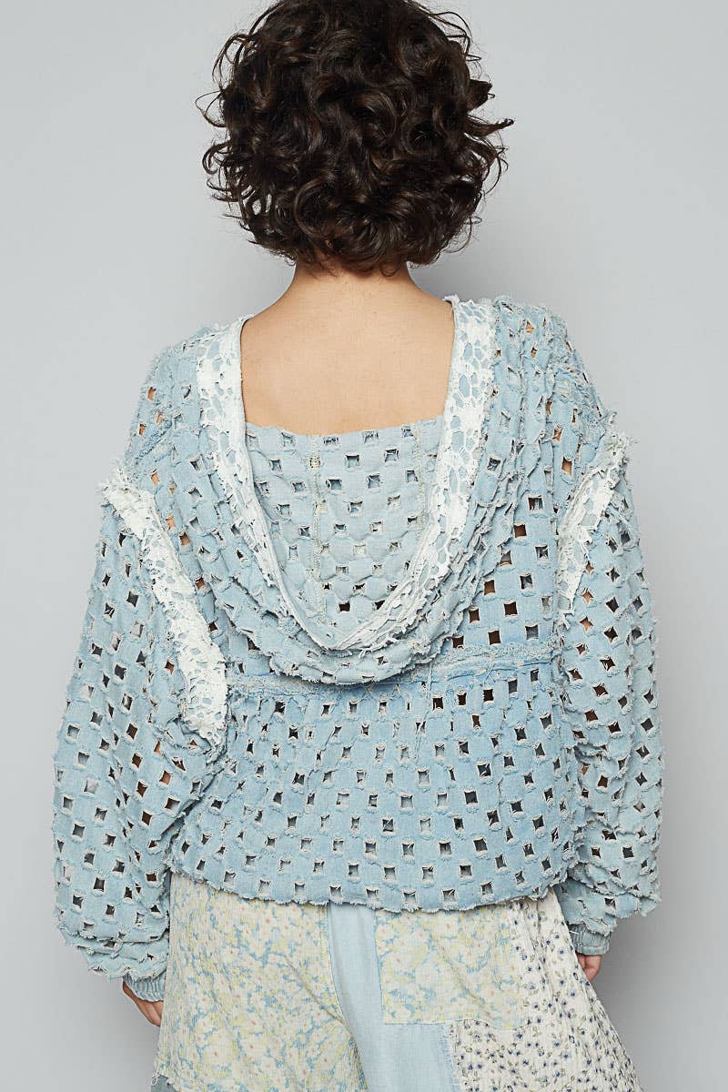 Long sleeve contrast lace crochet hooded top