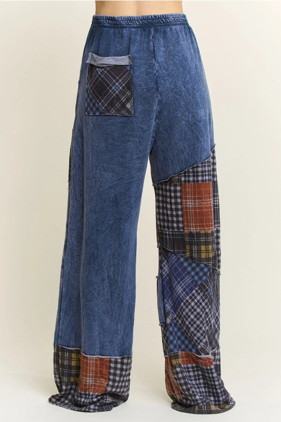 Mineral Washed Boho Plaid Patchwork Wideleg Pants