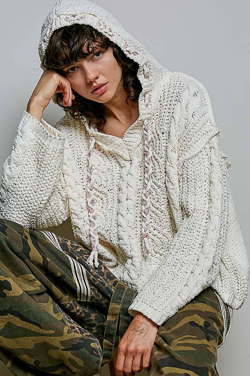 Hooded Cable Knit Chenille Sweater