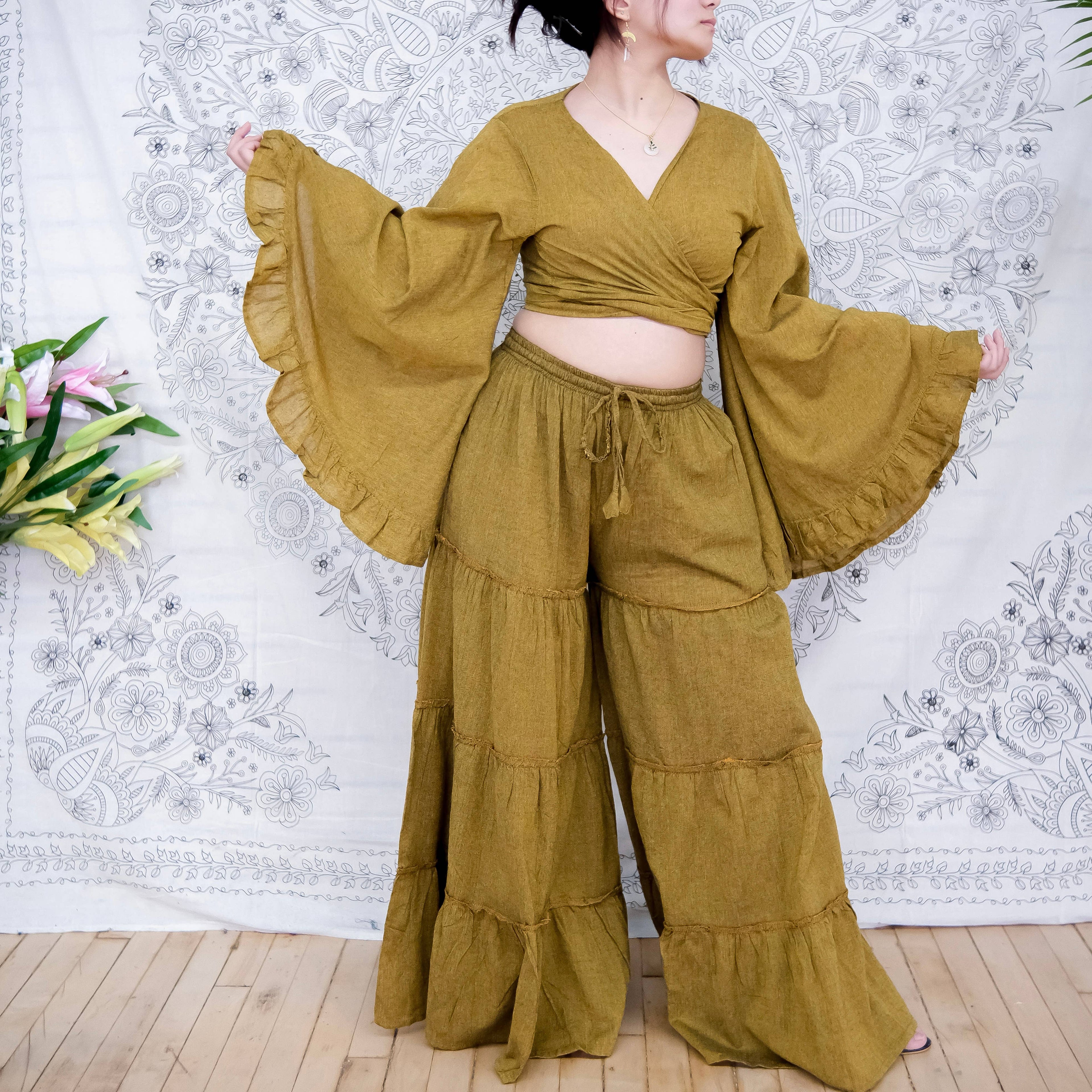 Cotton Flowy Tiered Pant with Ruffle Sleeve Set