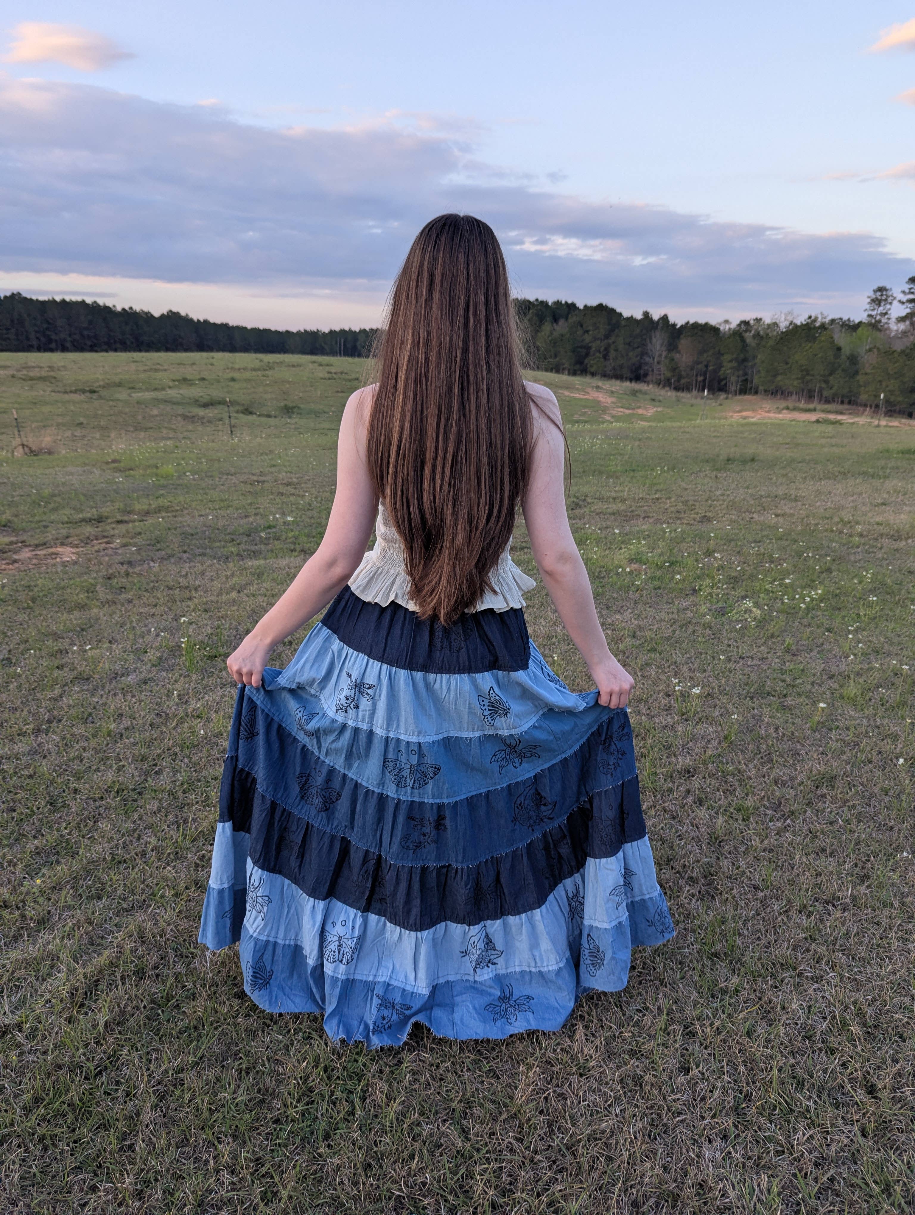 Patchwork Denim Long Maxi Skirt with Pockets