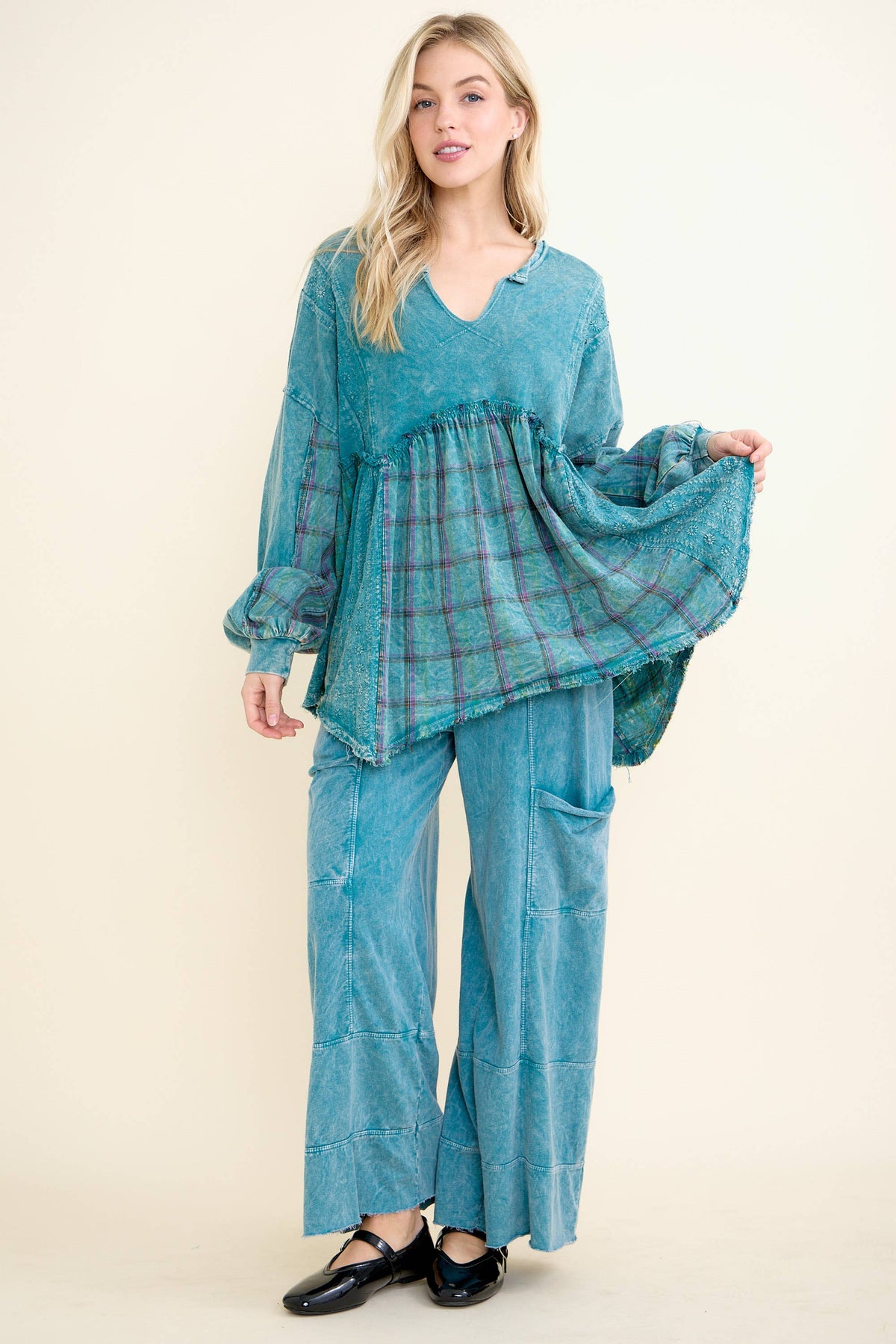 MineralWashed Flannel Eyelet Patch Babydoll Blouse