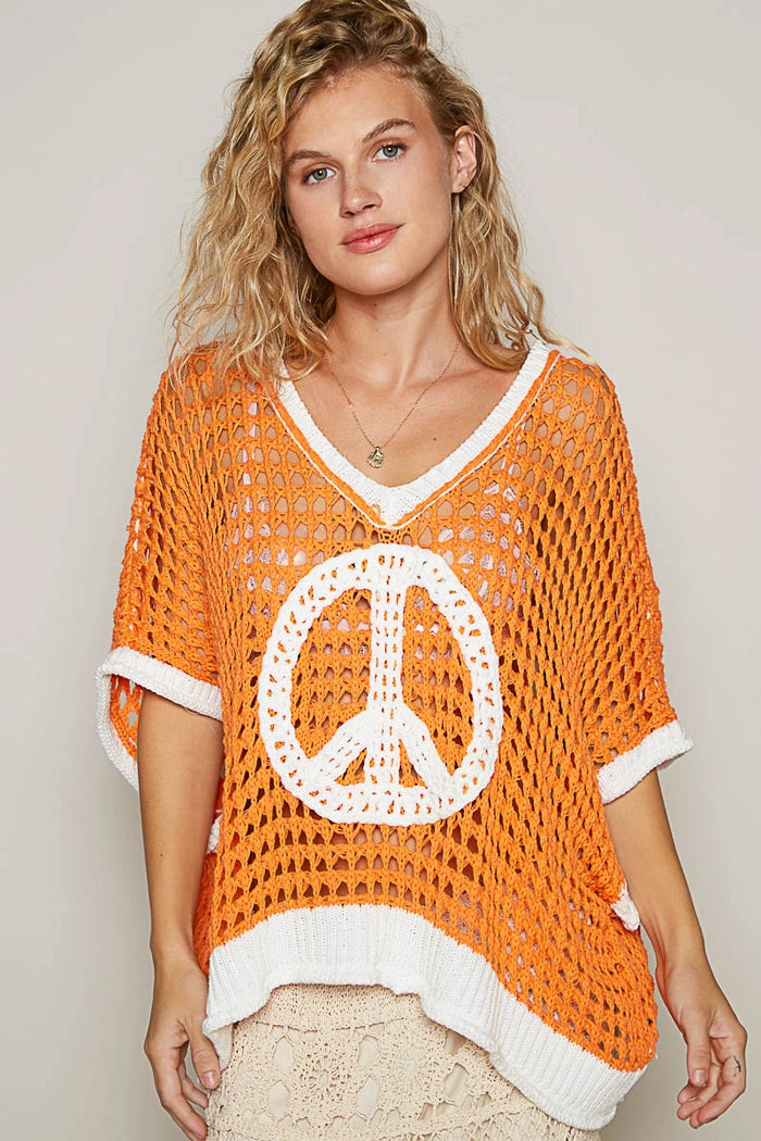 Short Sleeve Mesh Peace Sweater