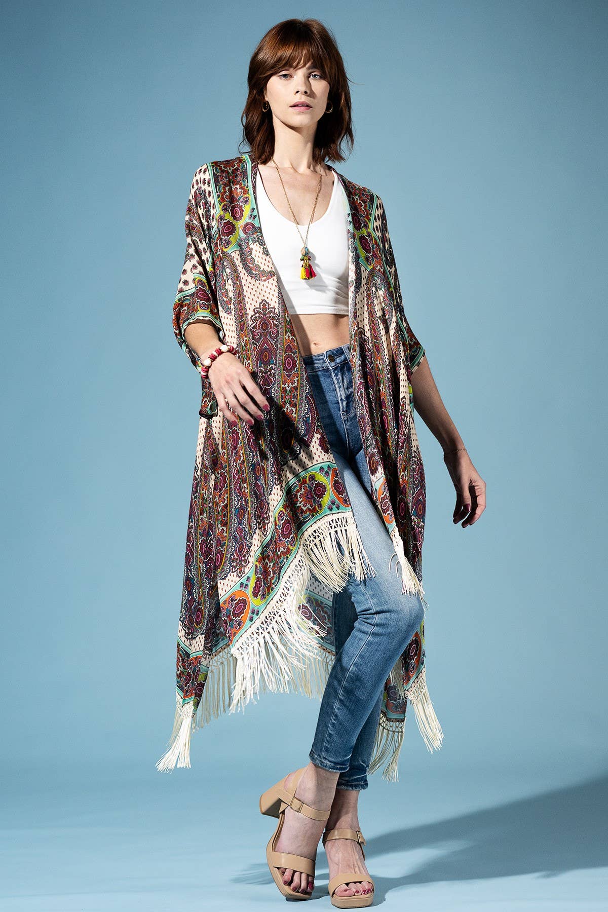 Verdant Terra Mosaic Fringe Kimono