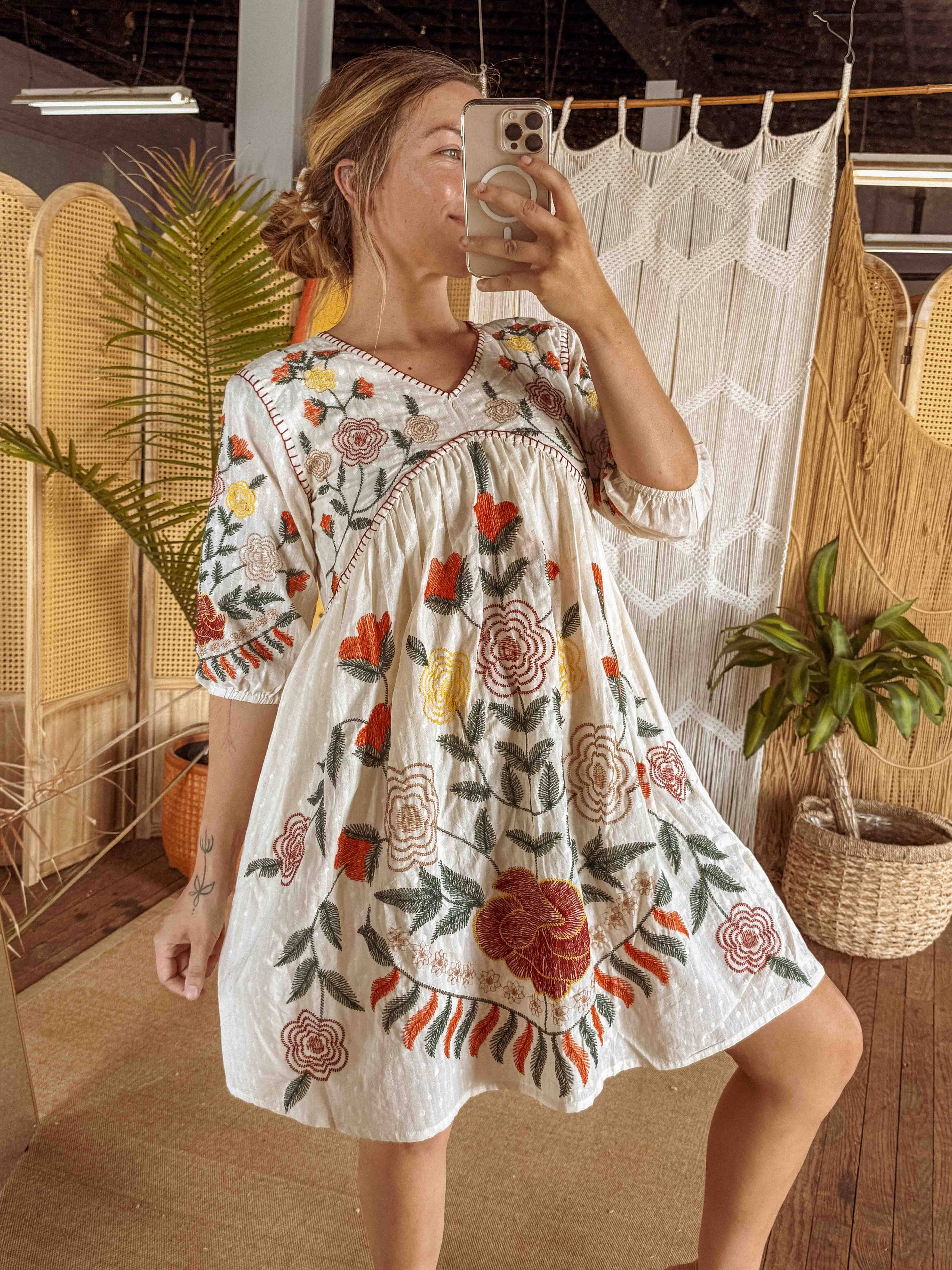 Boho Embroidered Floral Cotton Dress