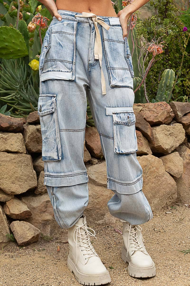 Cargo Drawstring Waist Baggy Denim Joggers