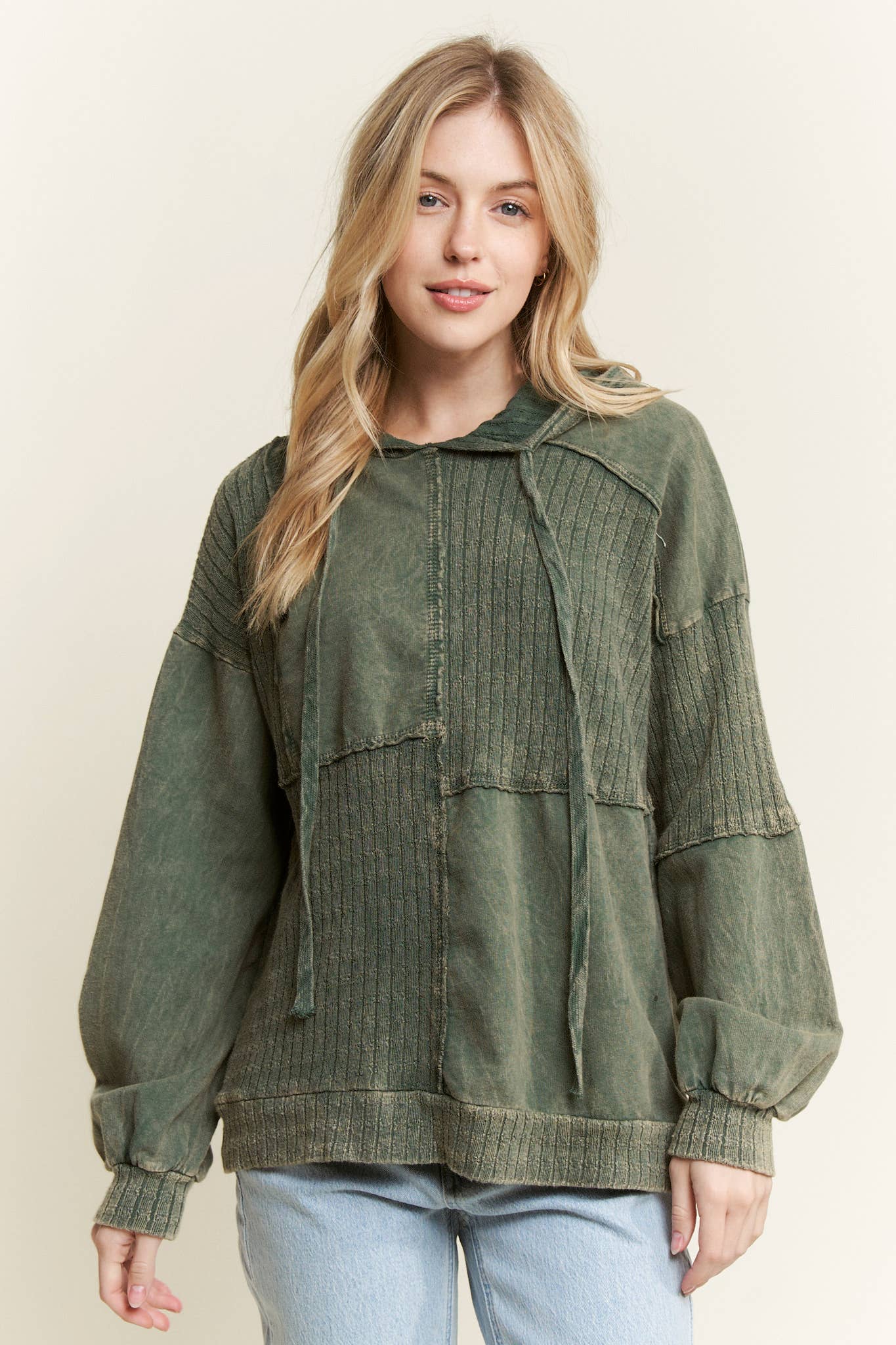 Mineral Wash Sweater Block Stitched Hoodie