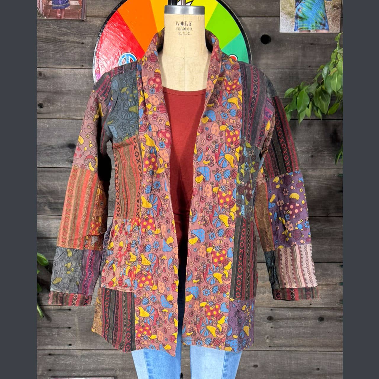 Mushroom Print Patchwork Kimono Jacket