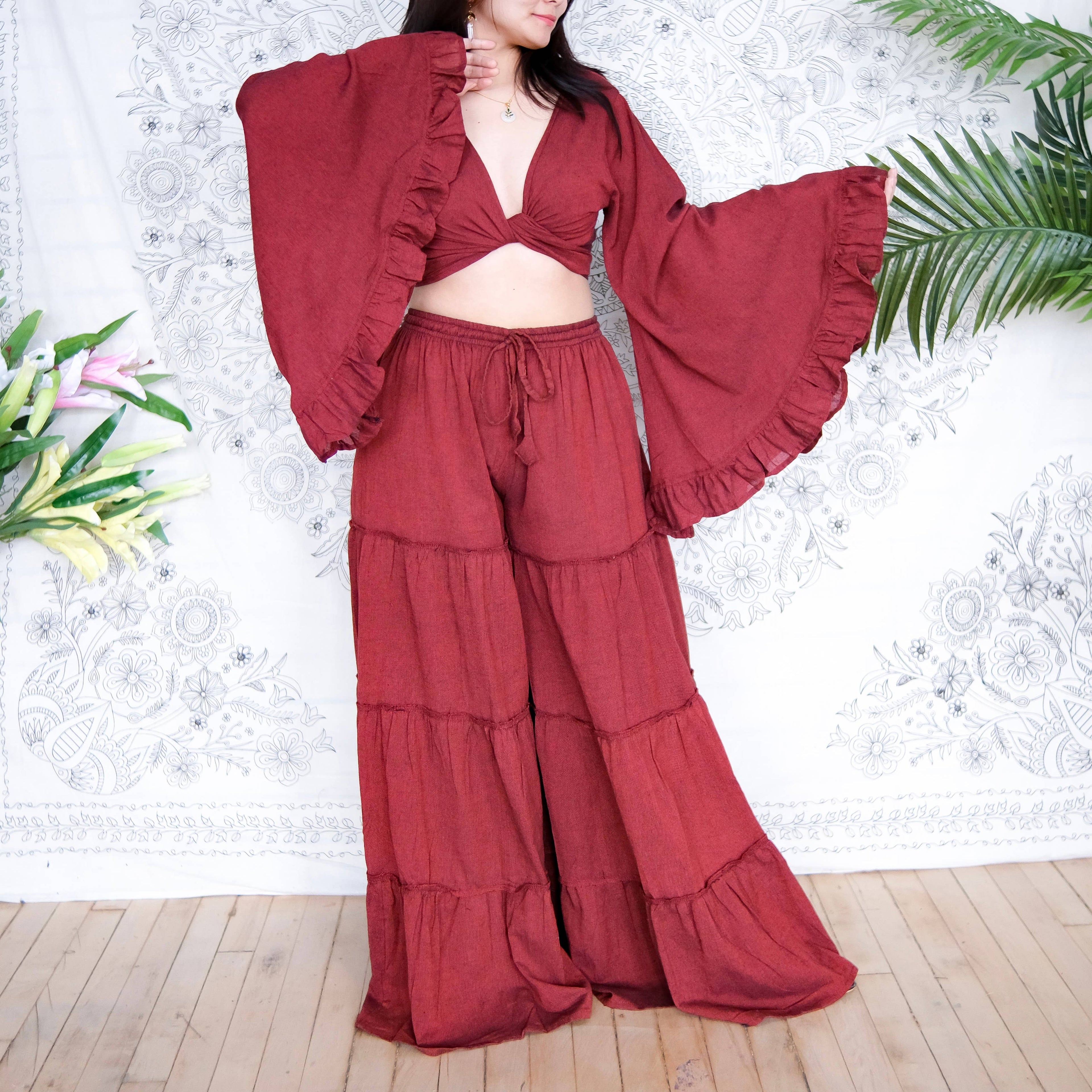 Cotton Flowy Tiered Pant with Ruffle Sleeve Set