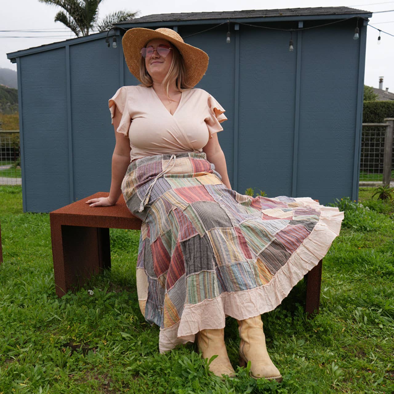 Patchwork Elastic Drawstring Waist Maxi Skirt