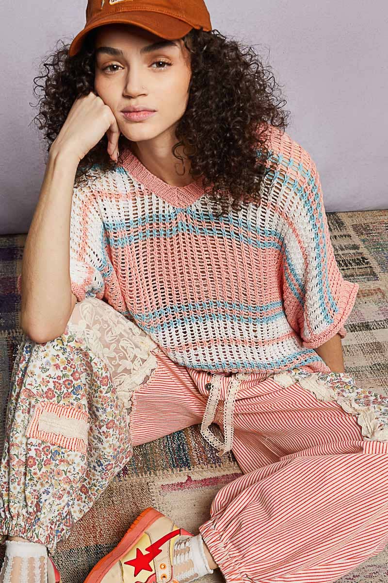 Short Sleeve V-neck Striped Thin Sweater Knit Top