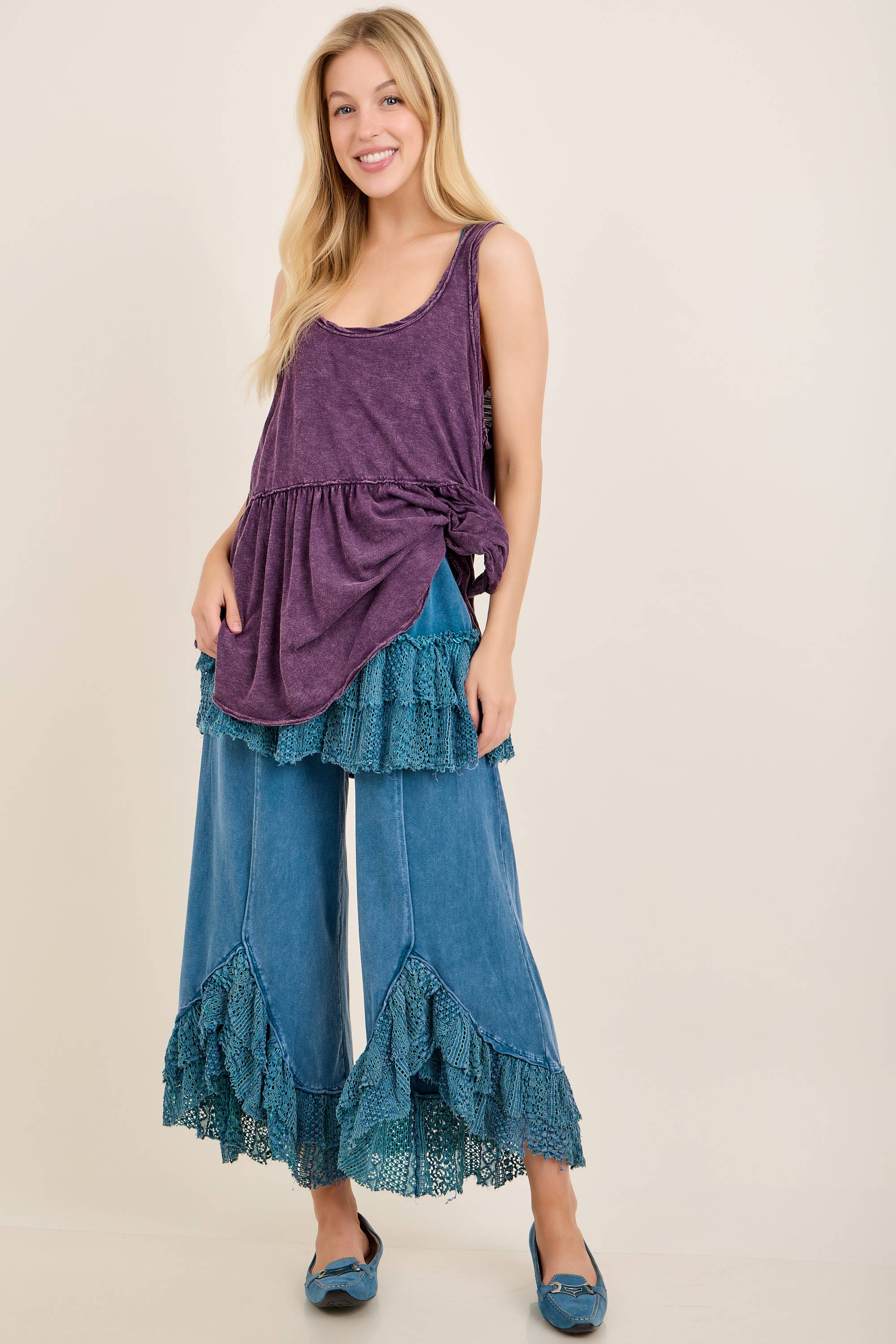 Mineral Washed Tiered Lace Cami Tank Top
