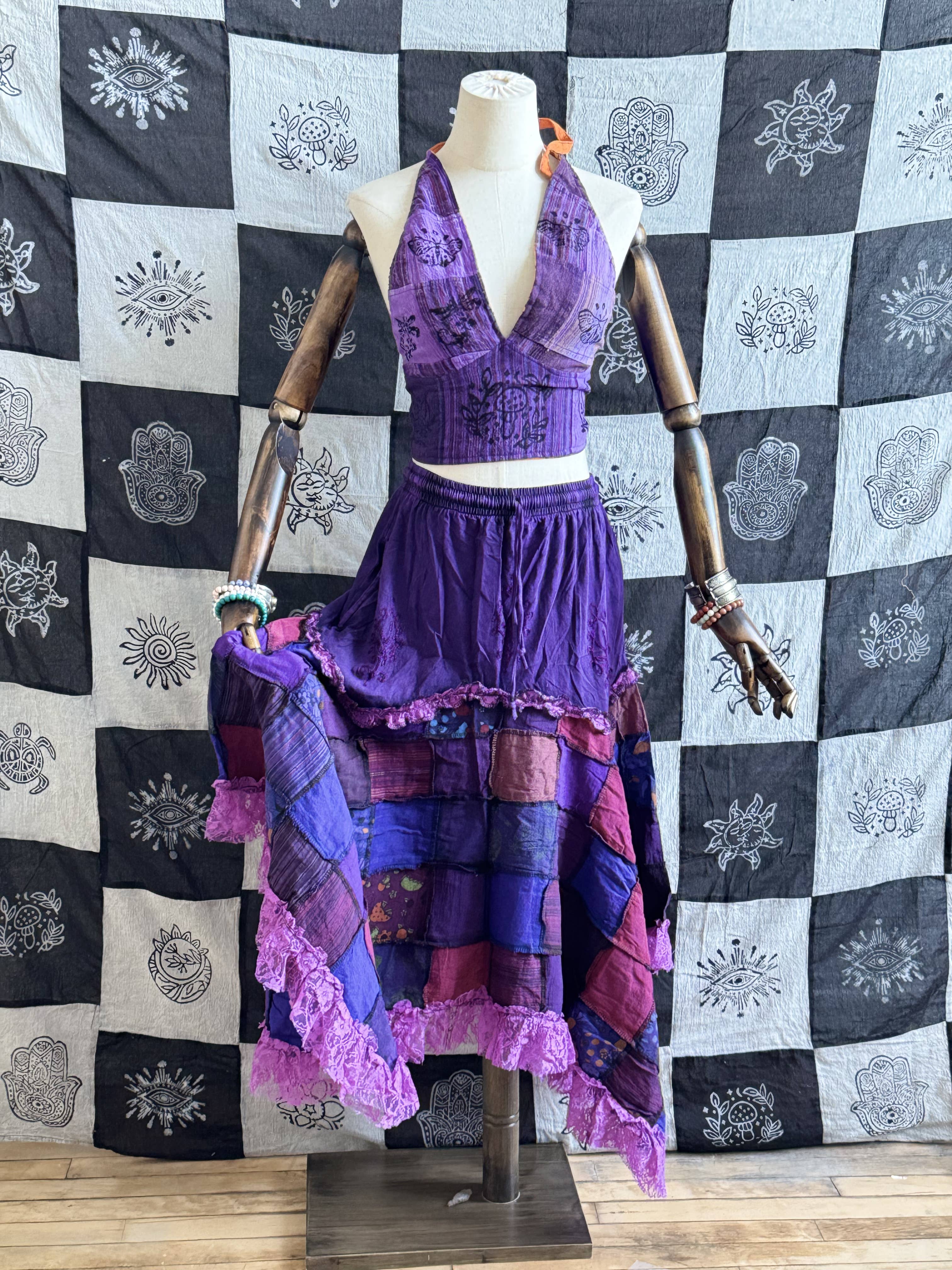 Patchwork Asymmetrical Flowy Skirt with Lace
