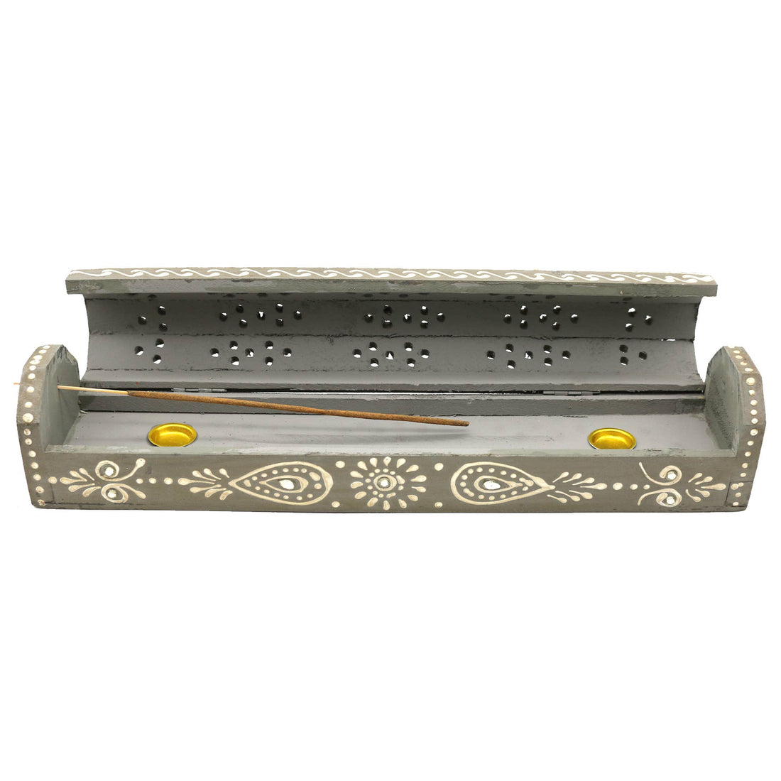 Gray Hand Painted Wooden Incense Box (12 in.)