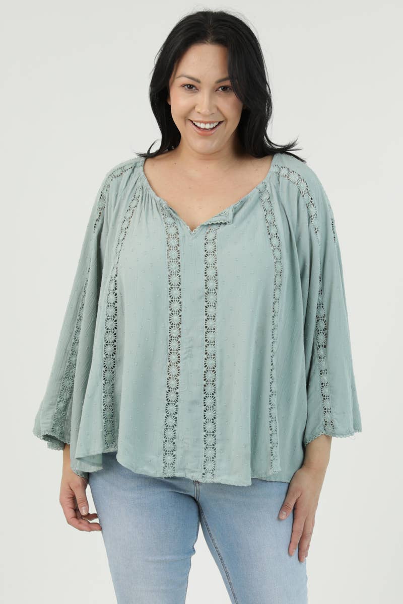 FLARE BELL SLEEVE LACE TRIM BLOUSE