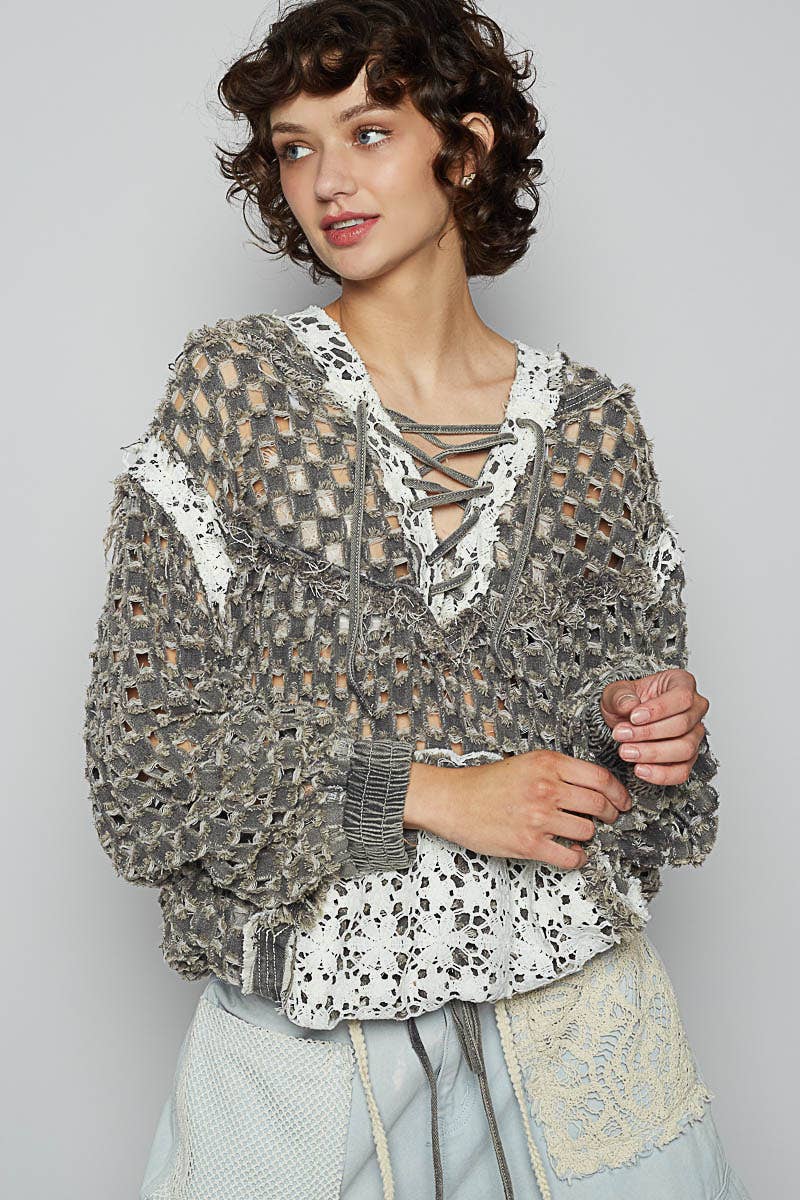 Long sleeve contrast lace crochet hooded top