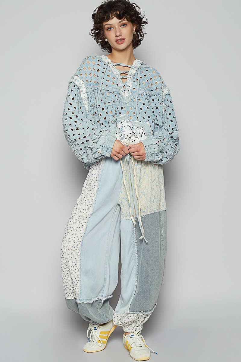 Long sleeve contrast lace crochet hooded top