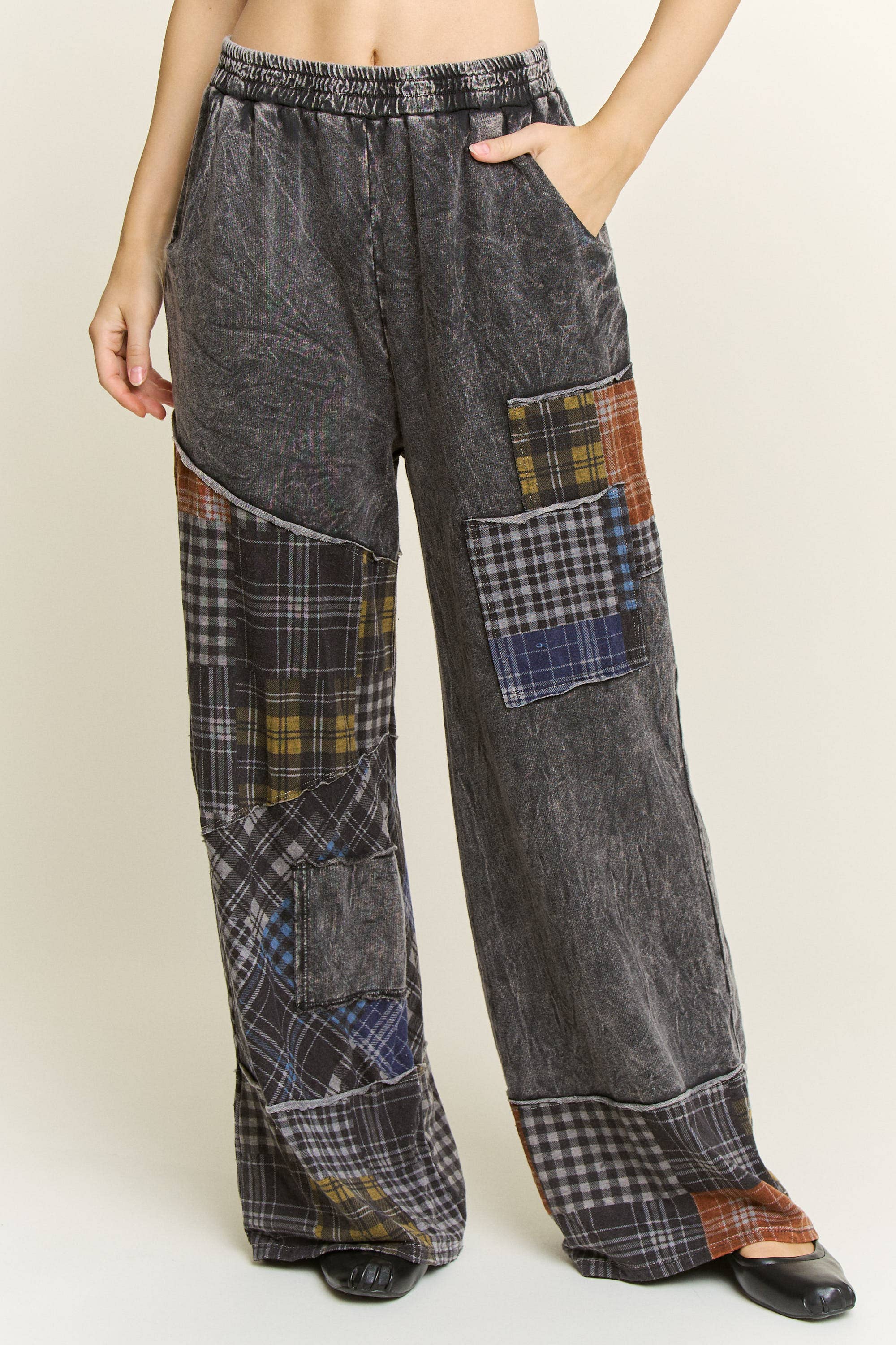 Mineral Washed Boho Plaid Patchwork Wideleg Pants