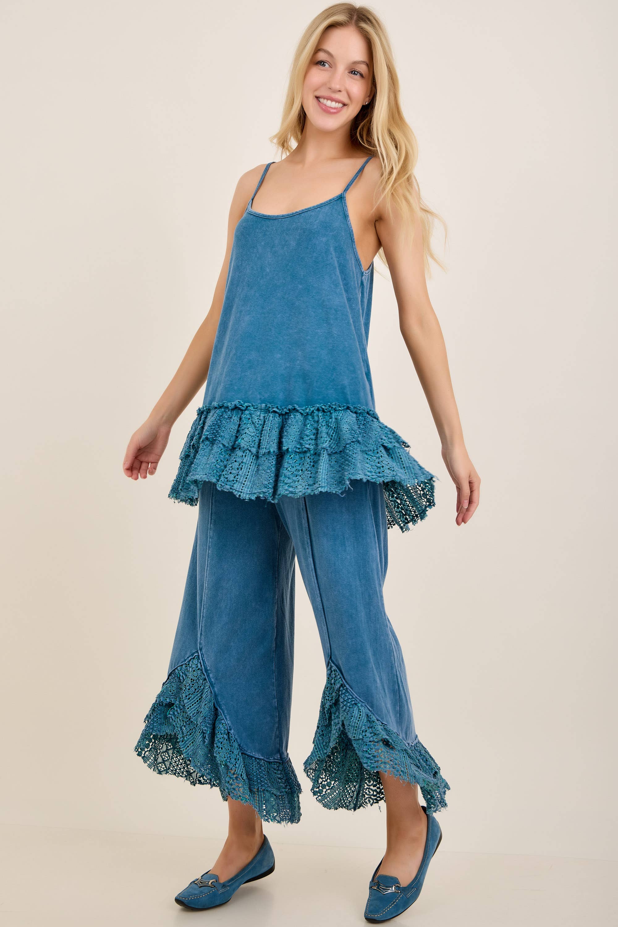 Mineral Washed Tiered Lace Cami Tank Top