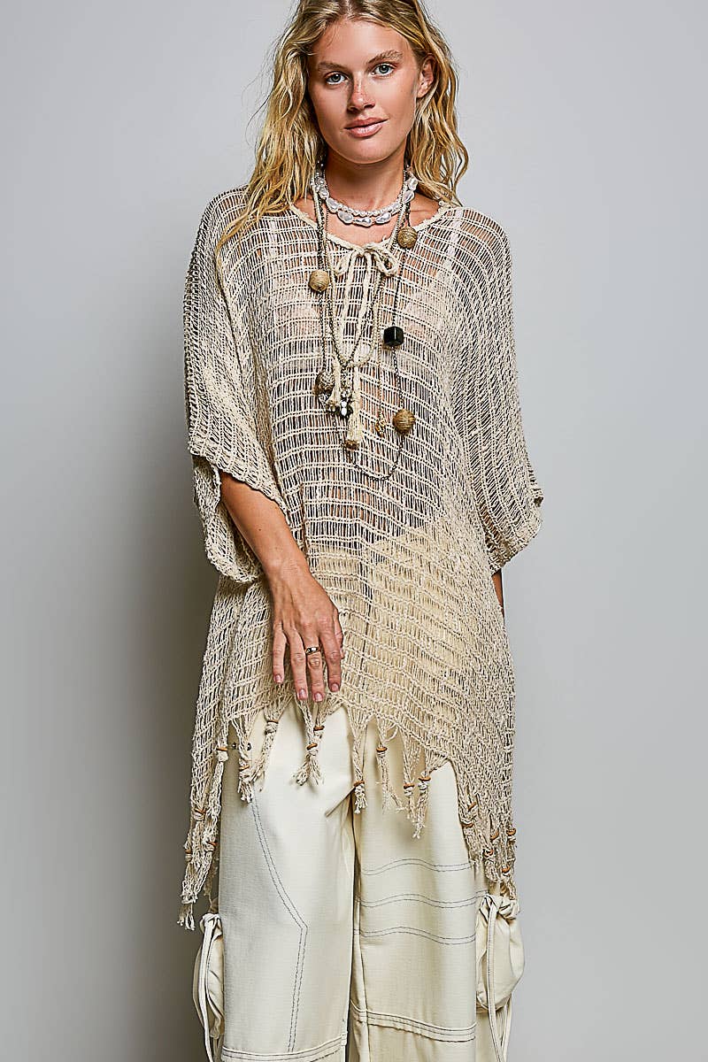 Open Knit Tassel Fringe Poncho Top