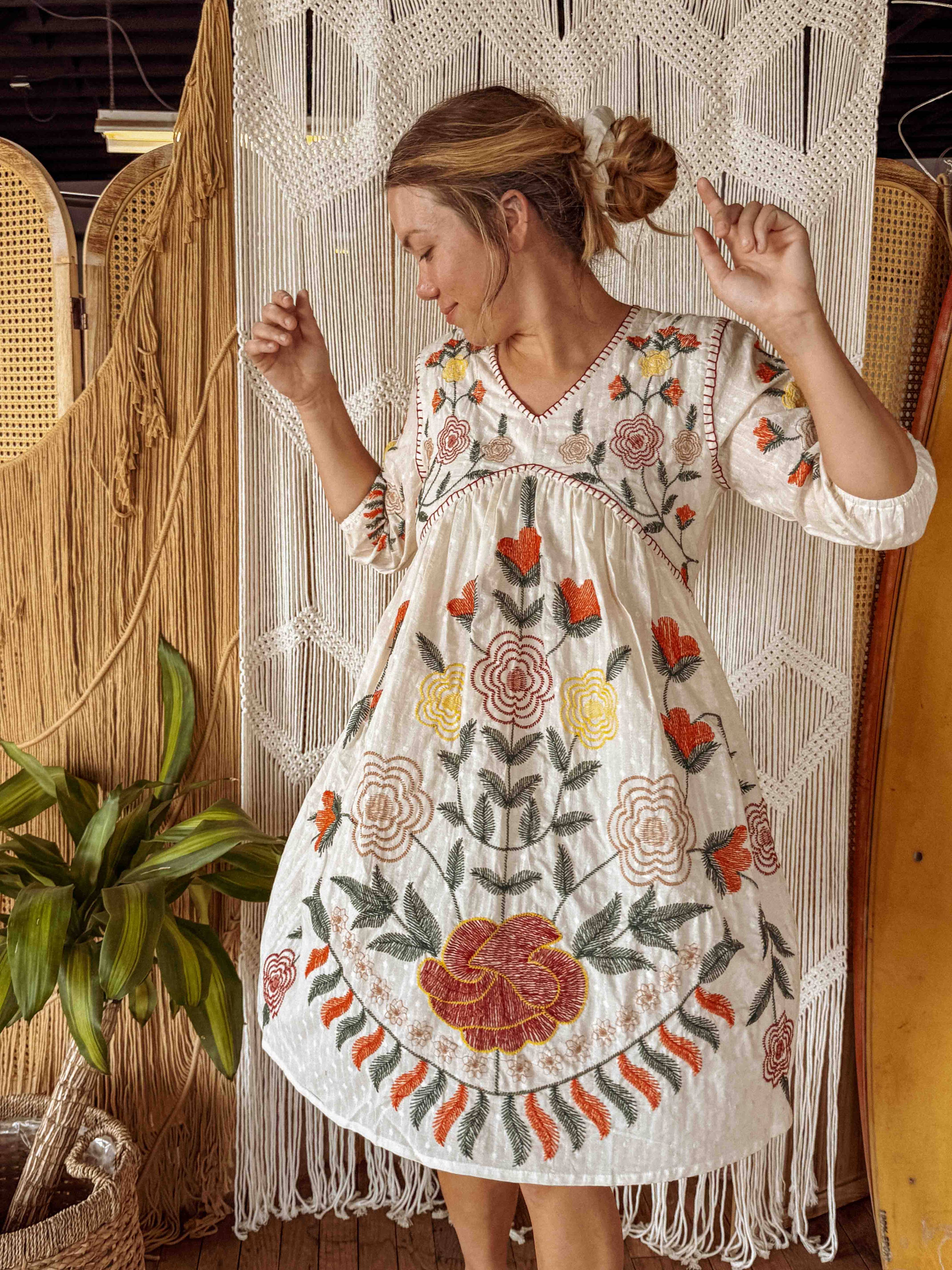 Boho Embroidered Floral Cotton Dress