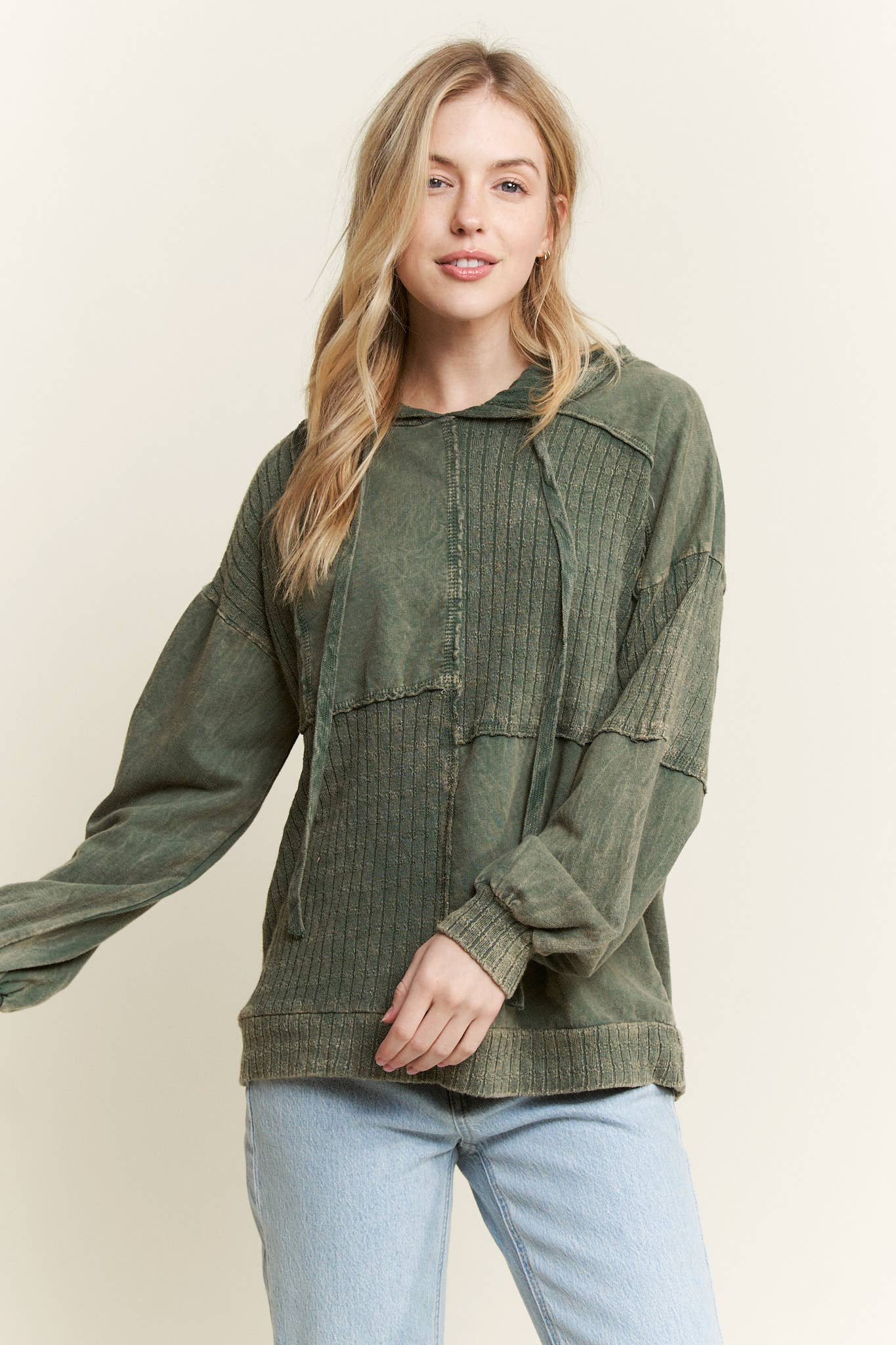 Mineral Wash Sweater Block Stitched Hoodie