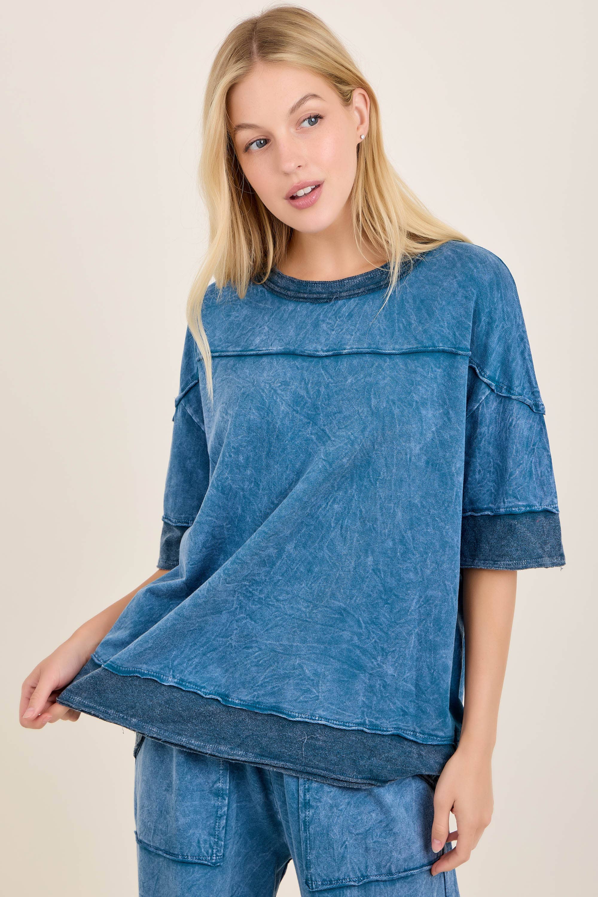 Mineral Washed Contrast Block Terry Top