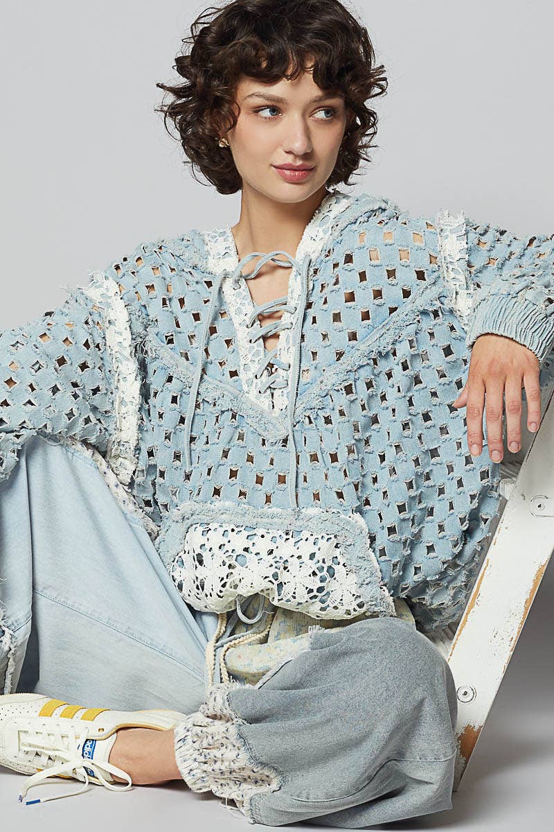 Long sleeve contrast lace crochet hooded top