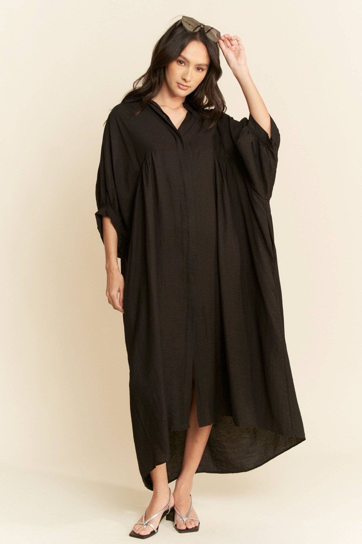 Oversized Twist-Back Collared Maxi Shirt Dress