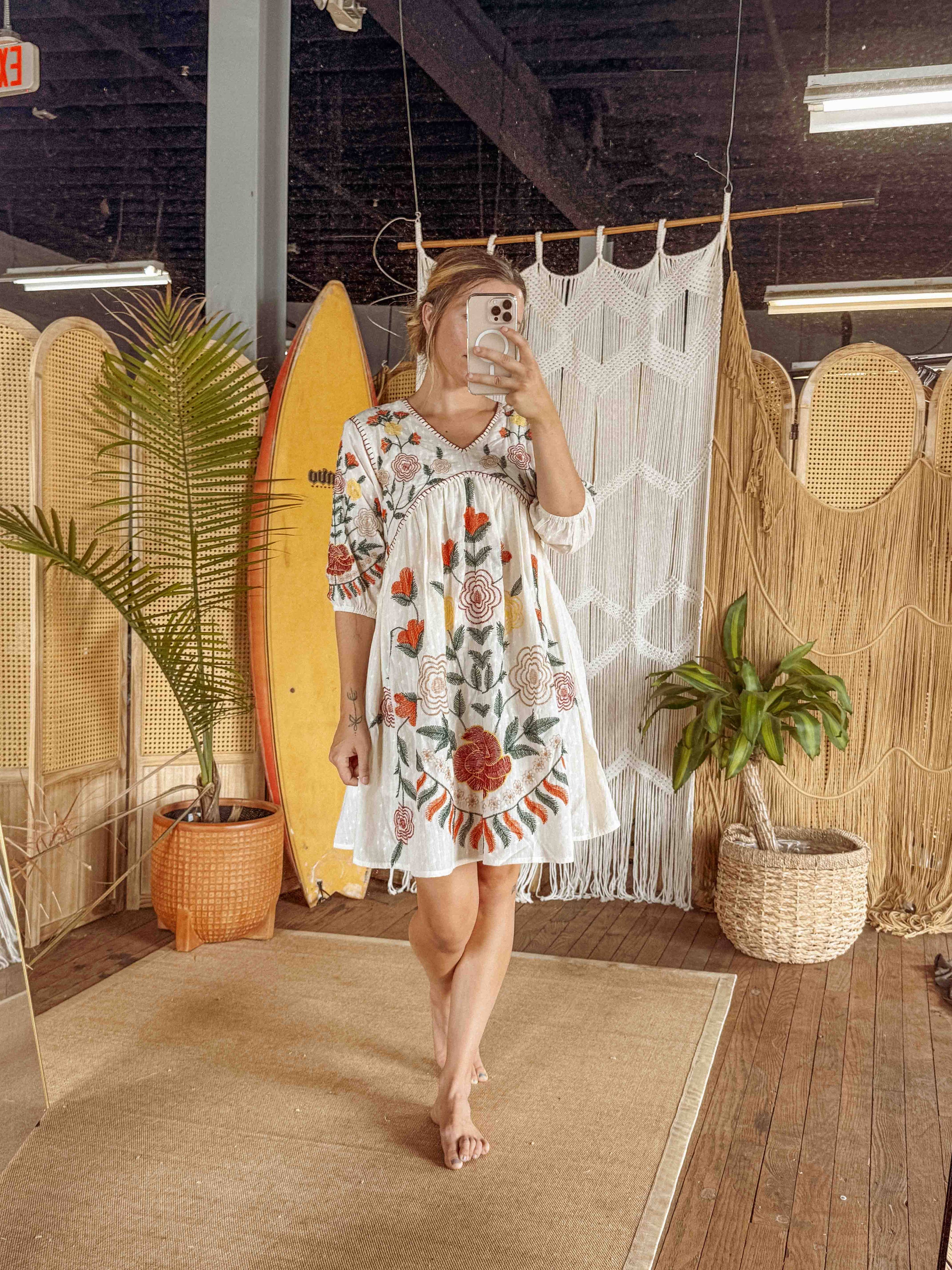 Boho Embroidered Floral Cotton Dress