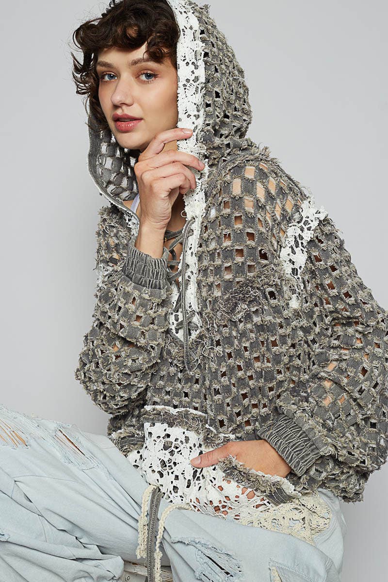 Long sleeve contrast lace crochet hooded top