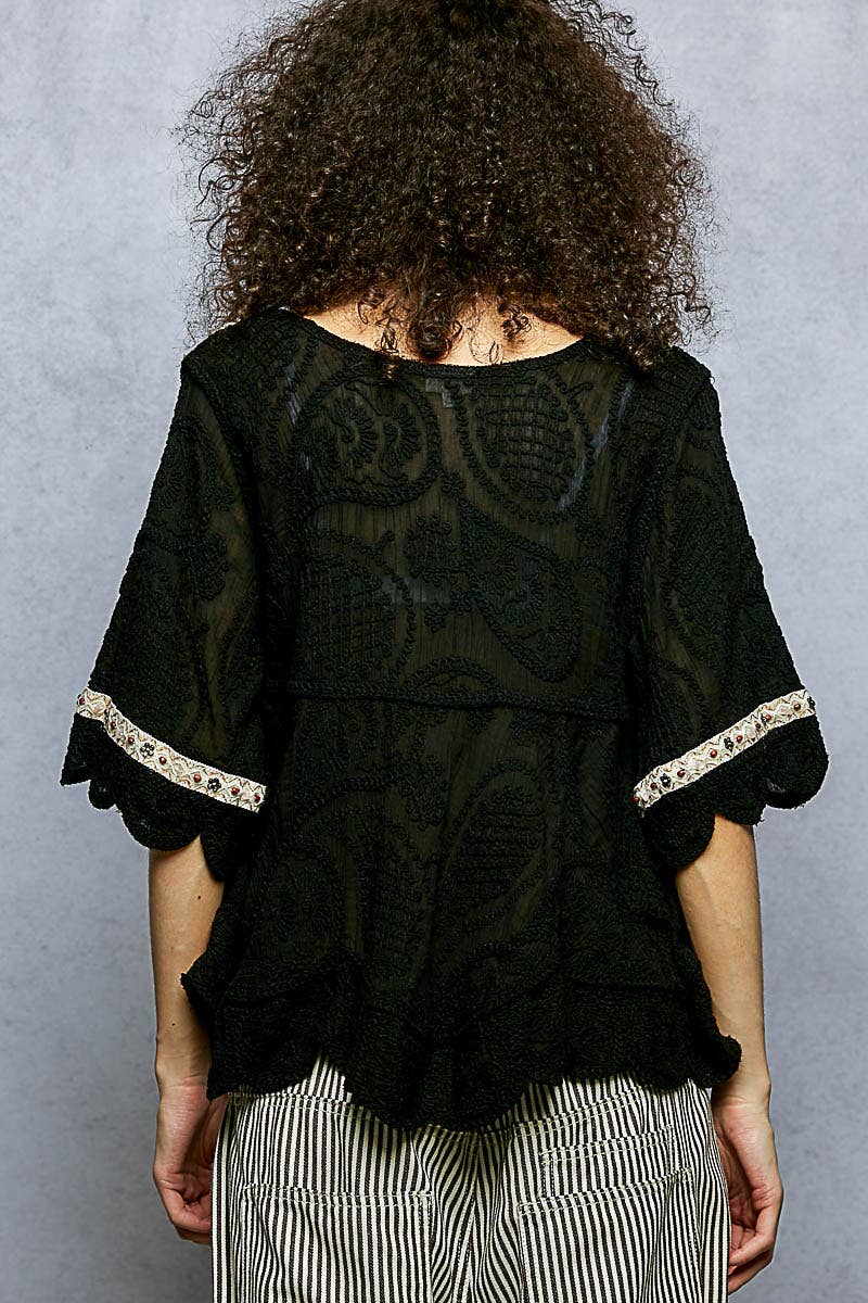 Short Sleeve Crochet V Neck Top
