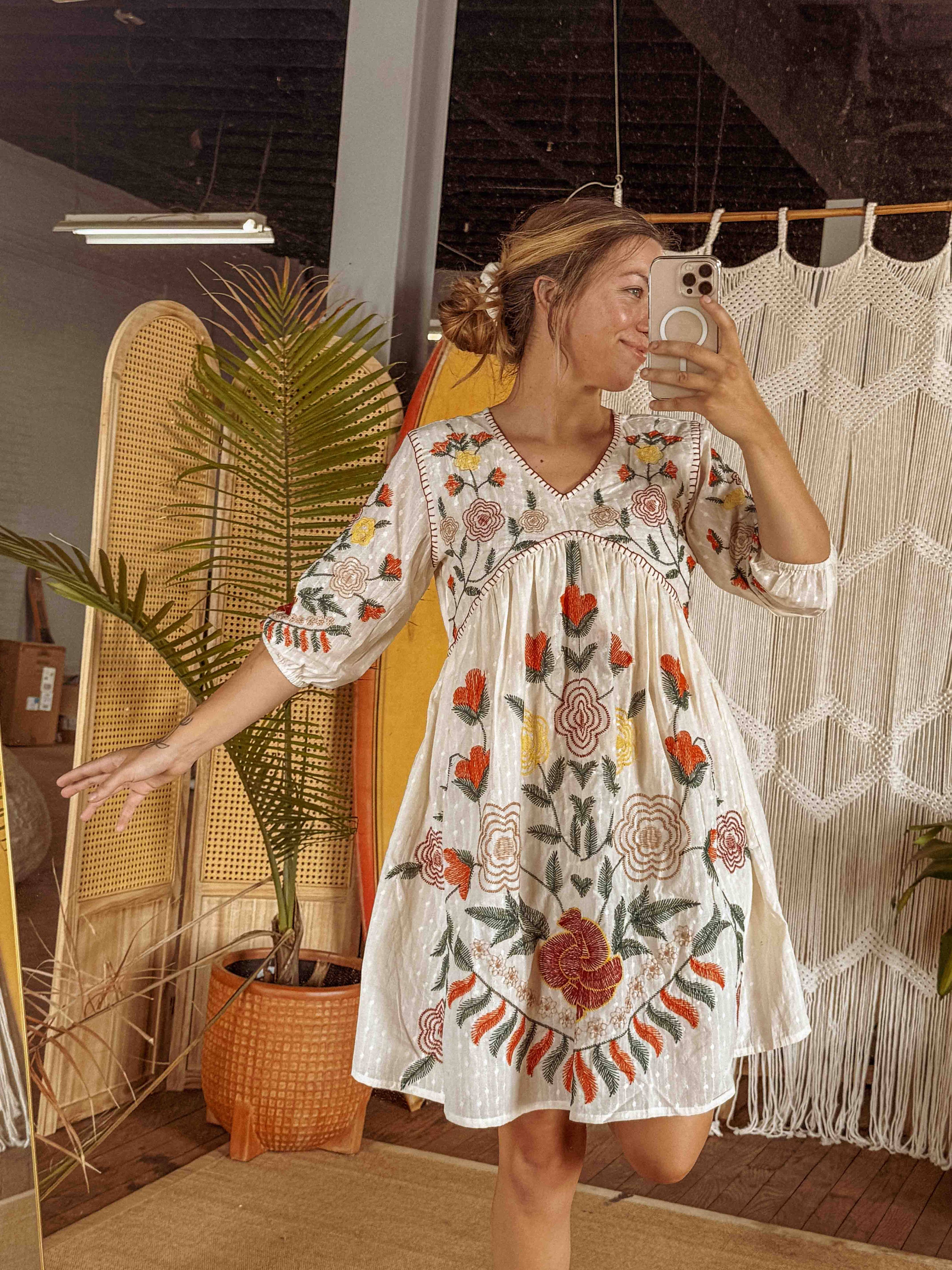 Boho Embroidered Floral Cotton Dress