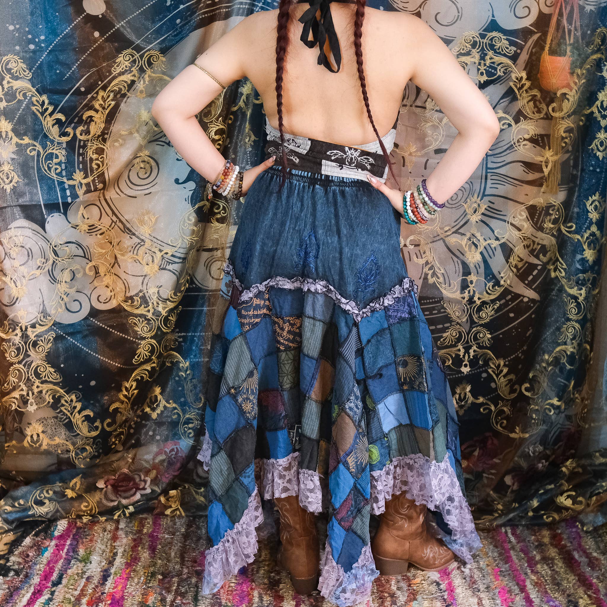 Patchwork Asymmetrical Flowy Skirt with Lace
