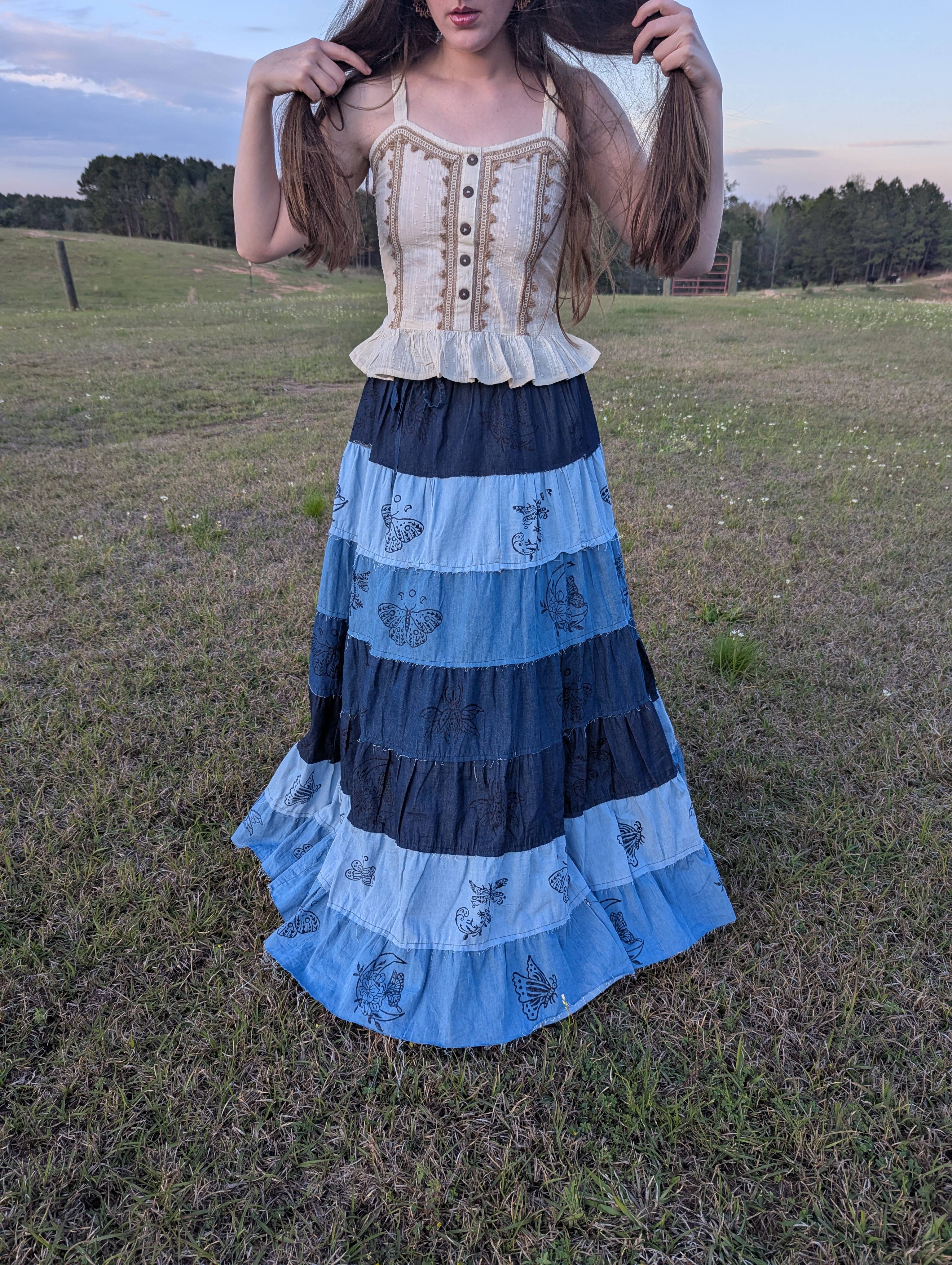 Patchwork Denim Long Maxi Skirt with Pockets
