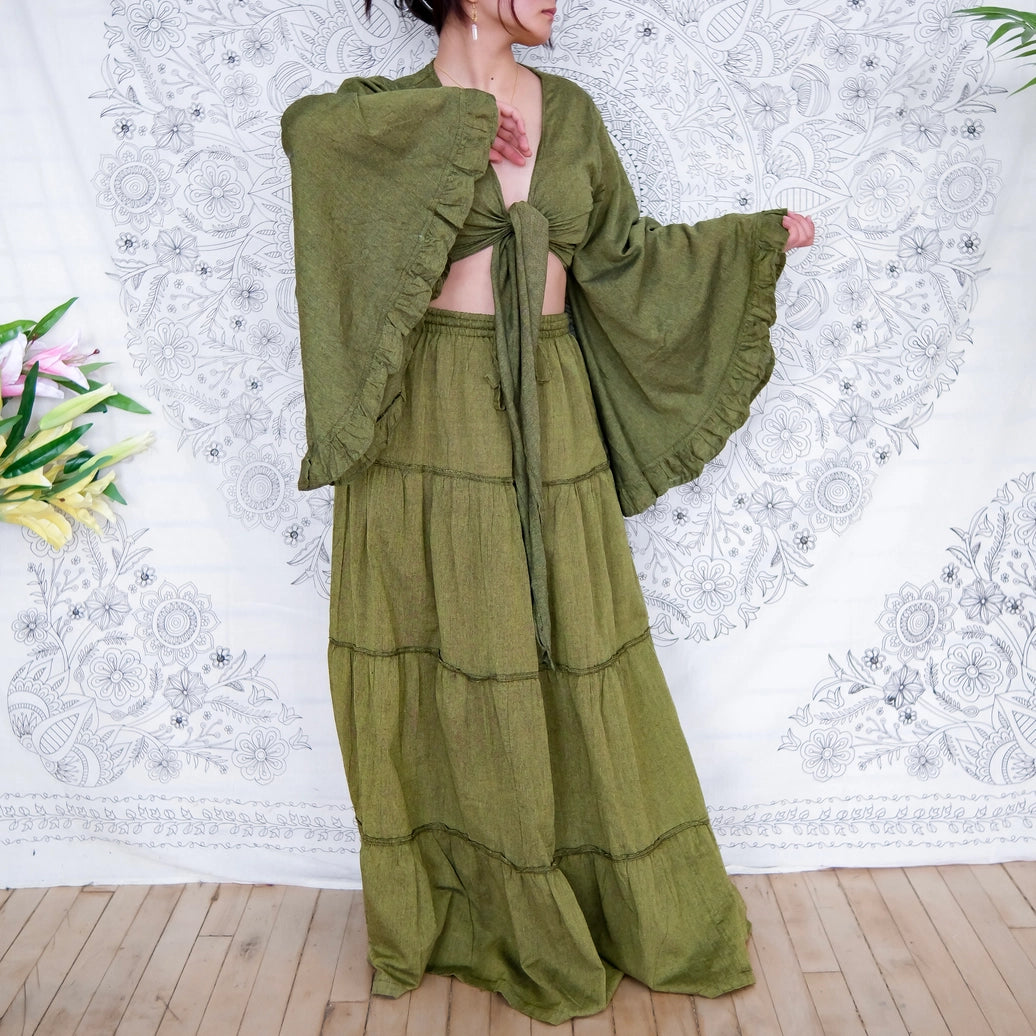 Flowy Cotton Tiered Skirt and Ruffle Sleeve Top