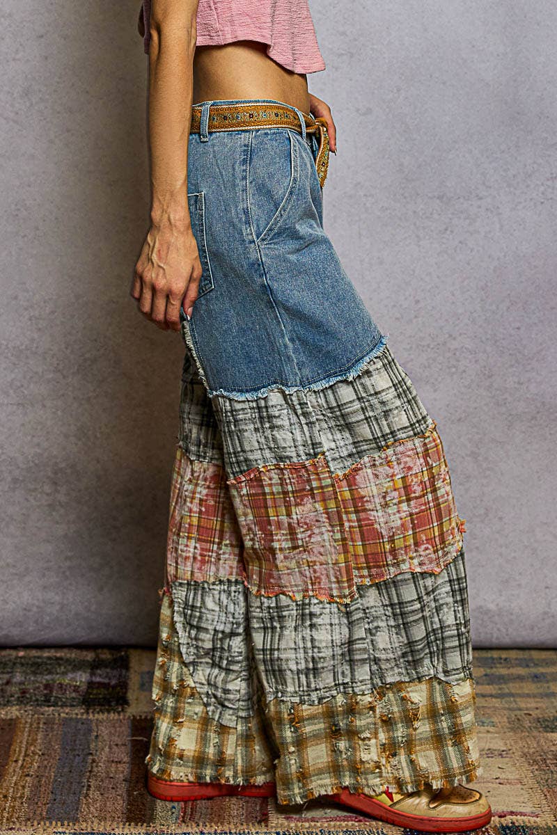 Patchwork Buckle Back Woven Pants