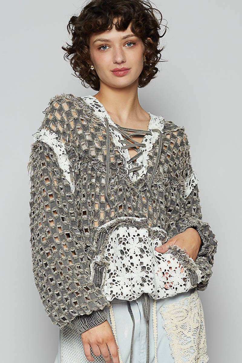Long sleeve contrast lace crochet hooded top