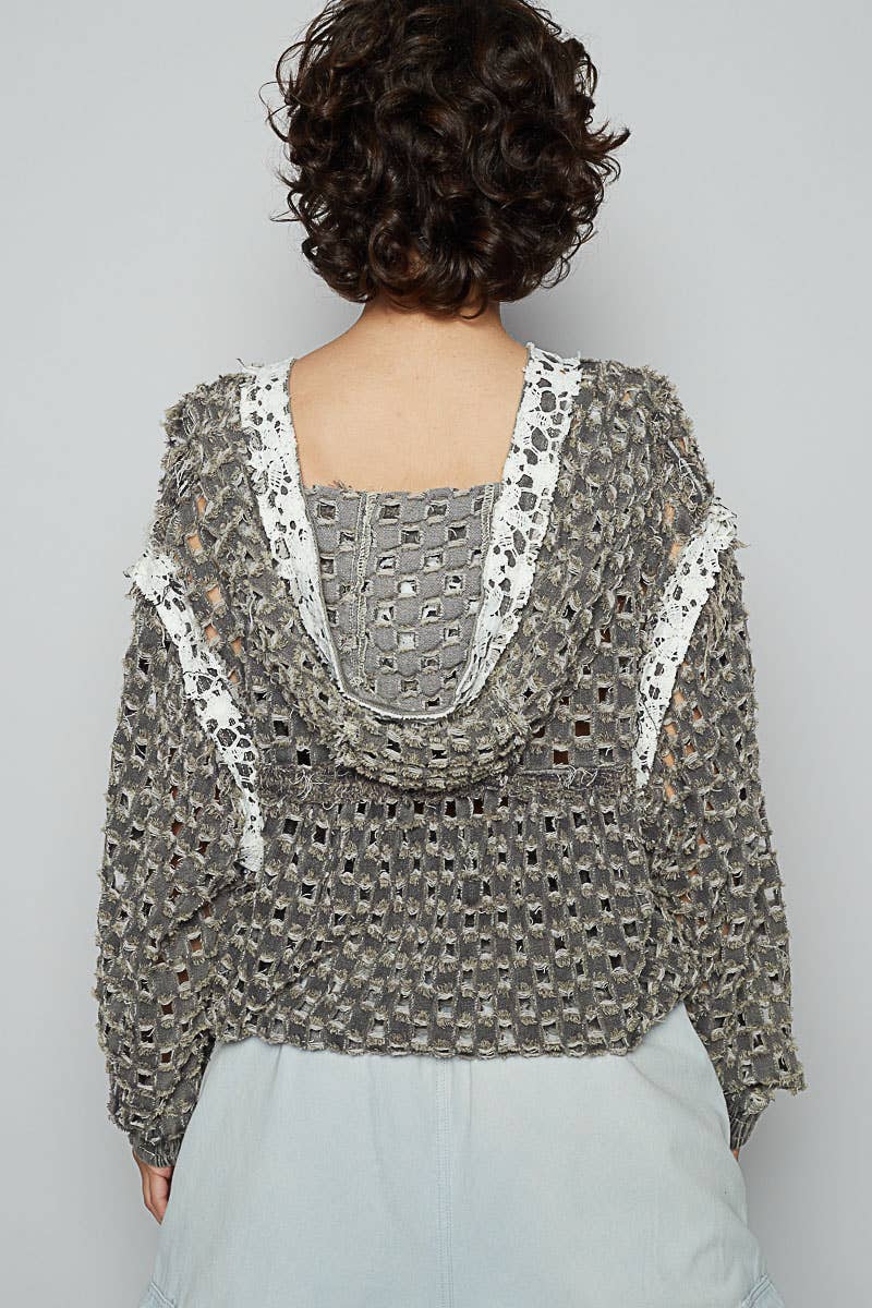 Long sleeve contrast lace crochet hooded top