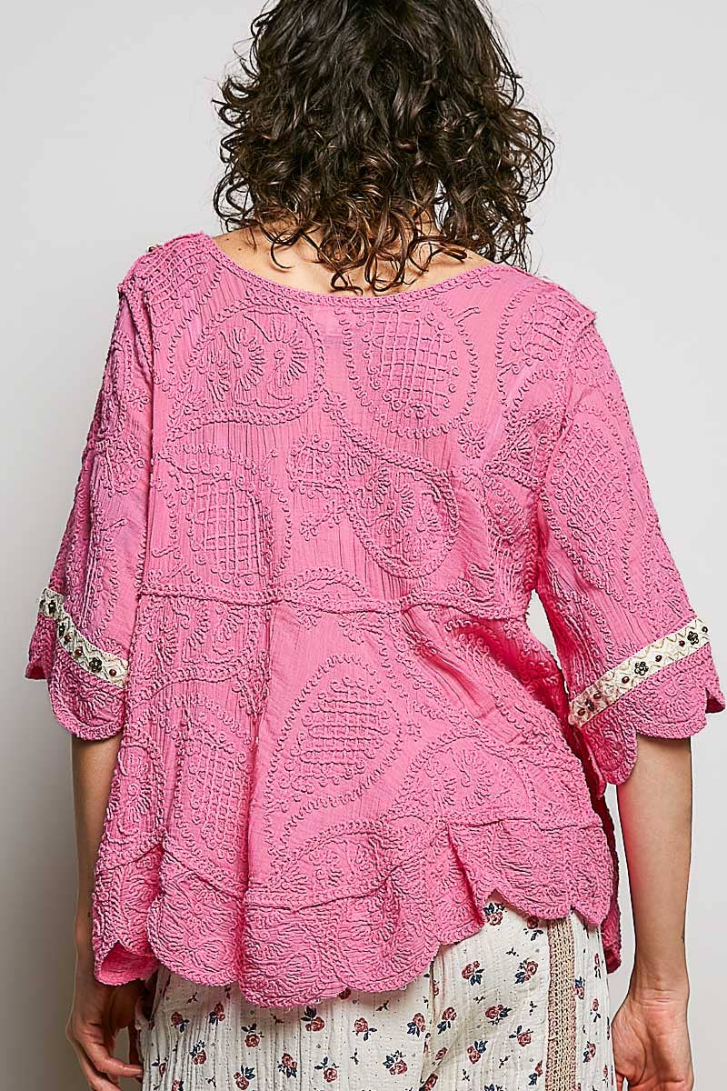 Short Sleeve Crochet V Neck Top