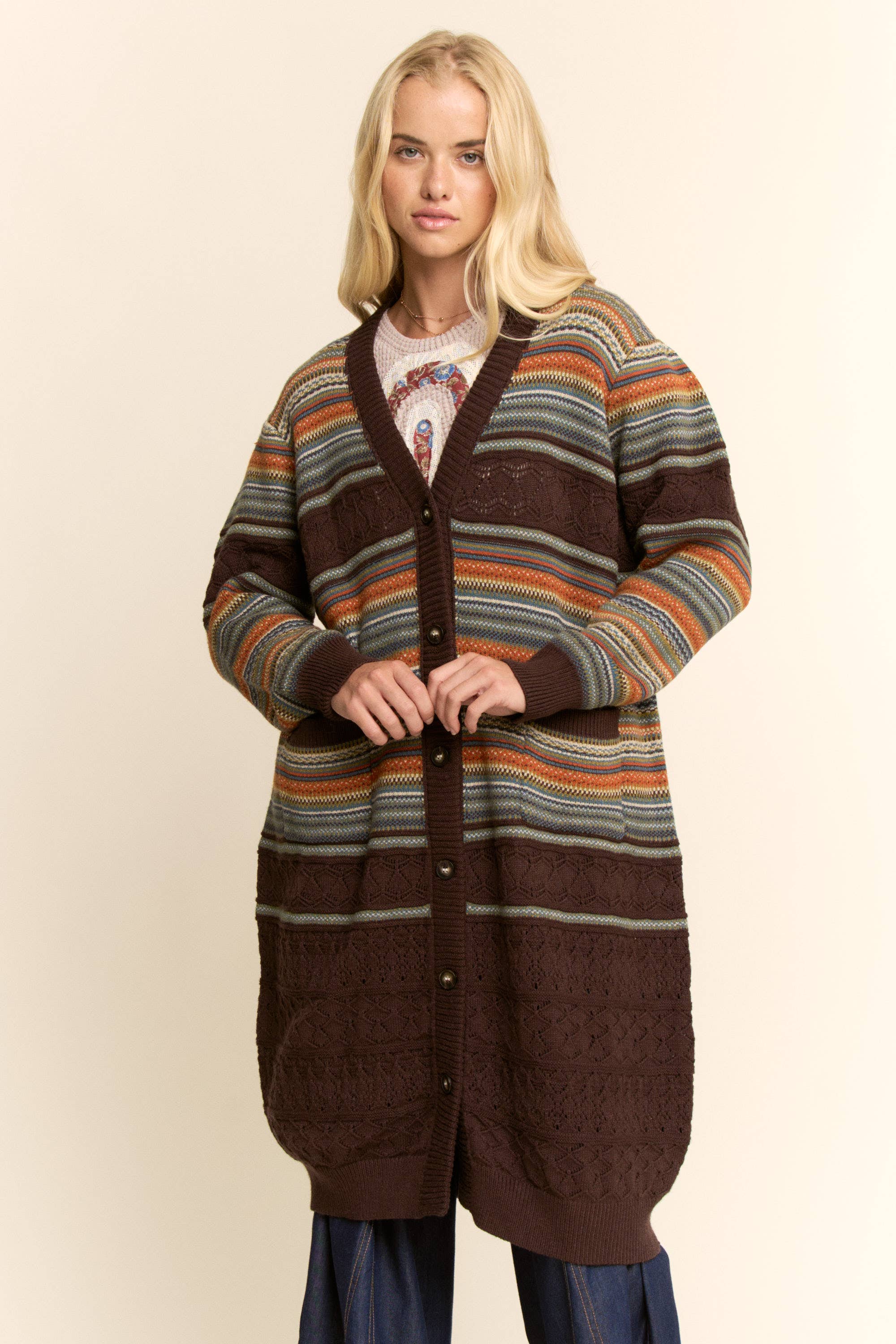 Striped Pointelle Knit Duster Cardigan