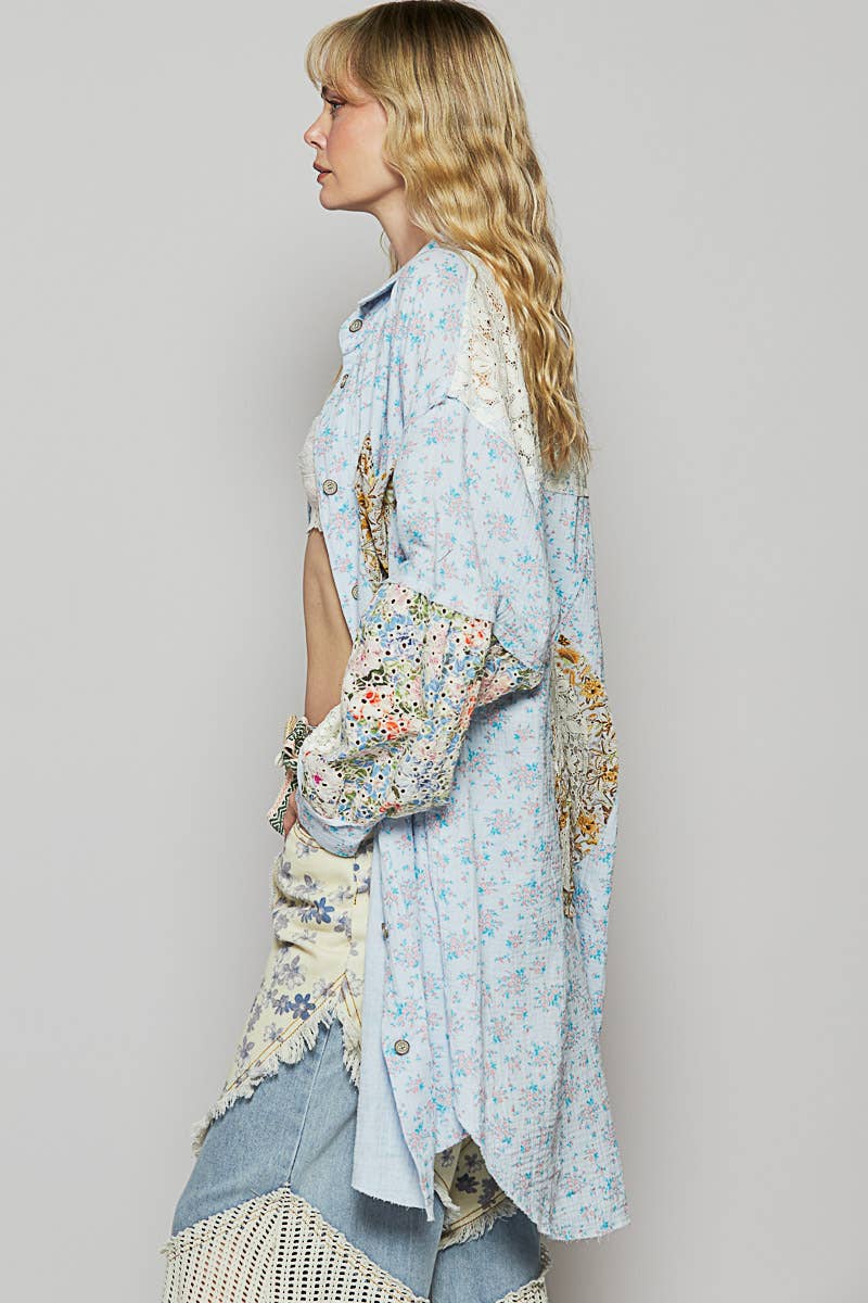 Long Sleeve Gauze Floral Peace Shirt