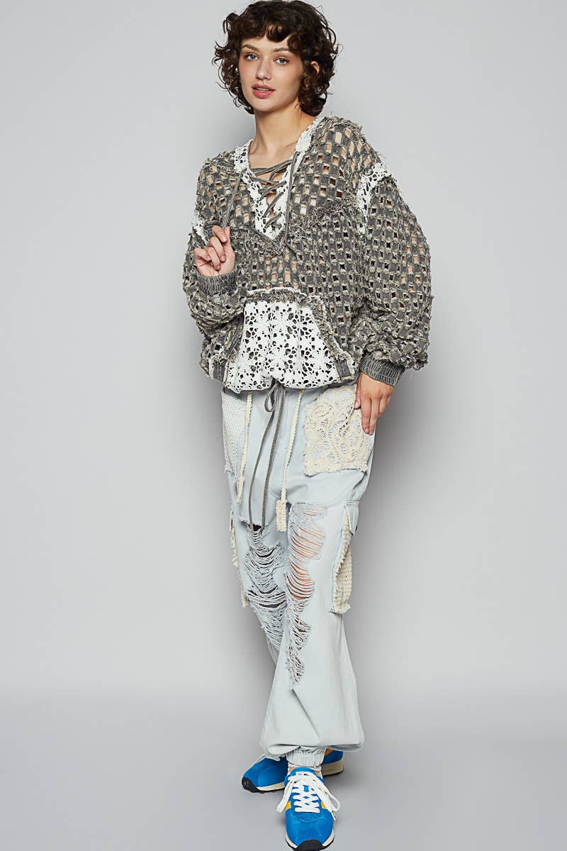 Long sleeve contrast lace crochet hooded top