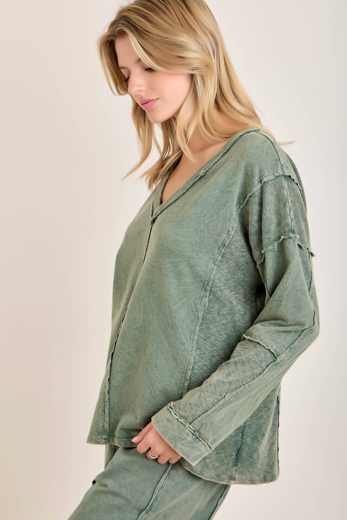 Mineral Washed Sweater Weather Vneck Knitted Top