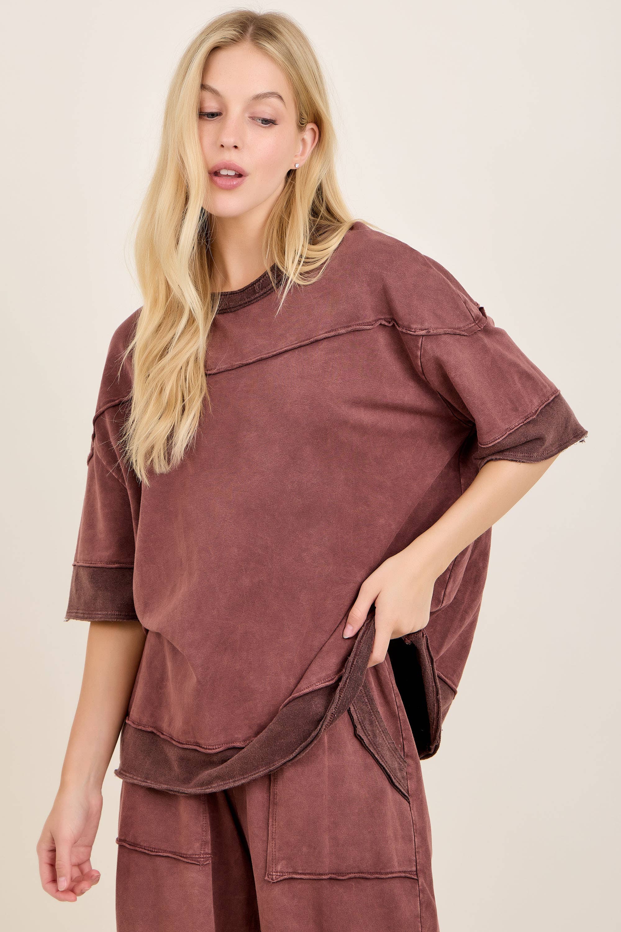 Mineral Washed Contrast Block Terry Top