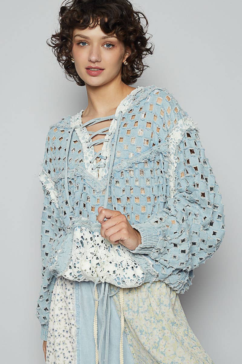 Long sleeve contrast lace crochet hooded top