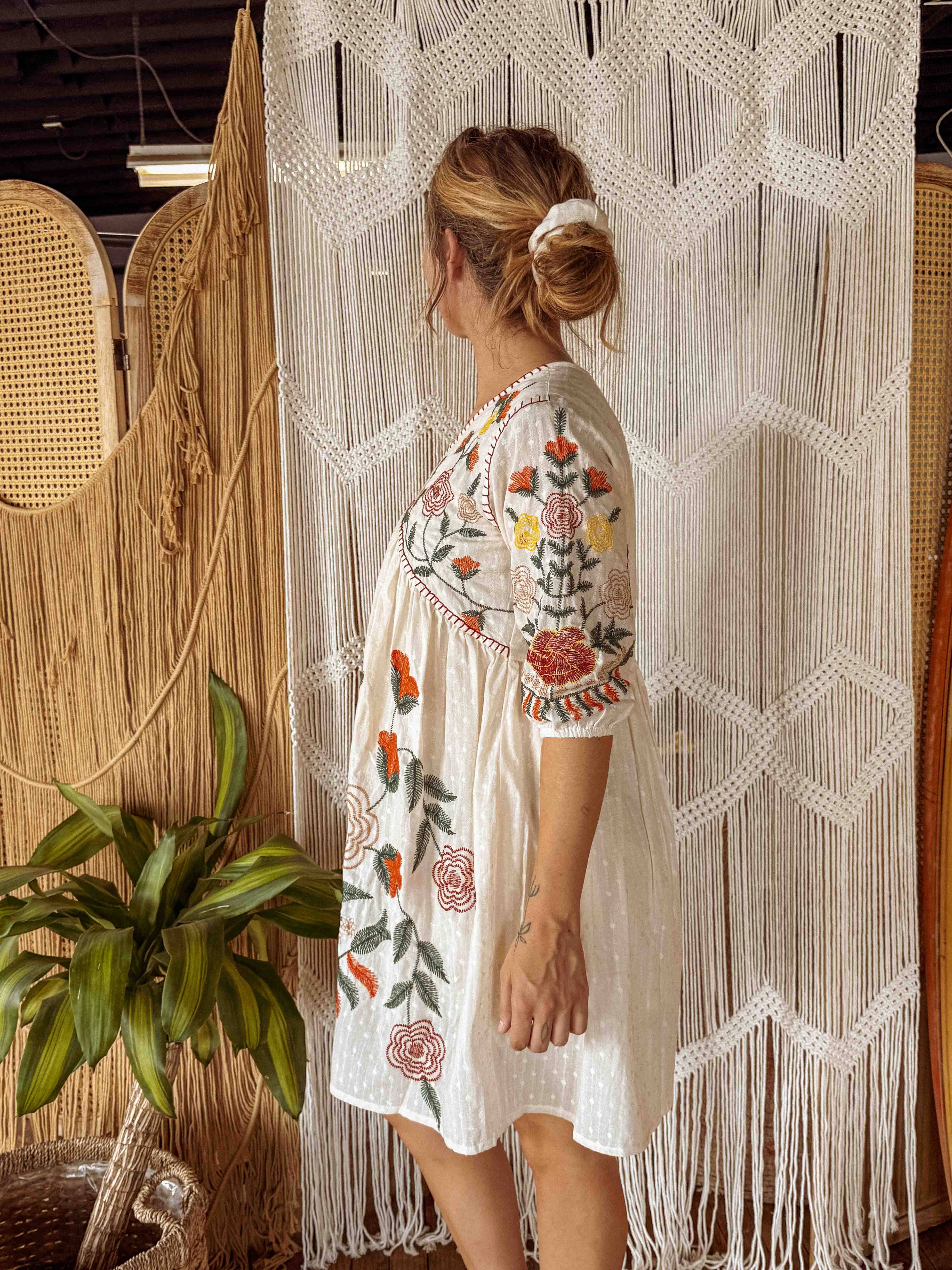 Boho Embroidered Floral Cotton Dress