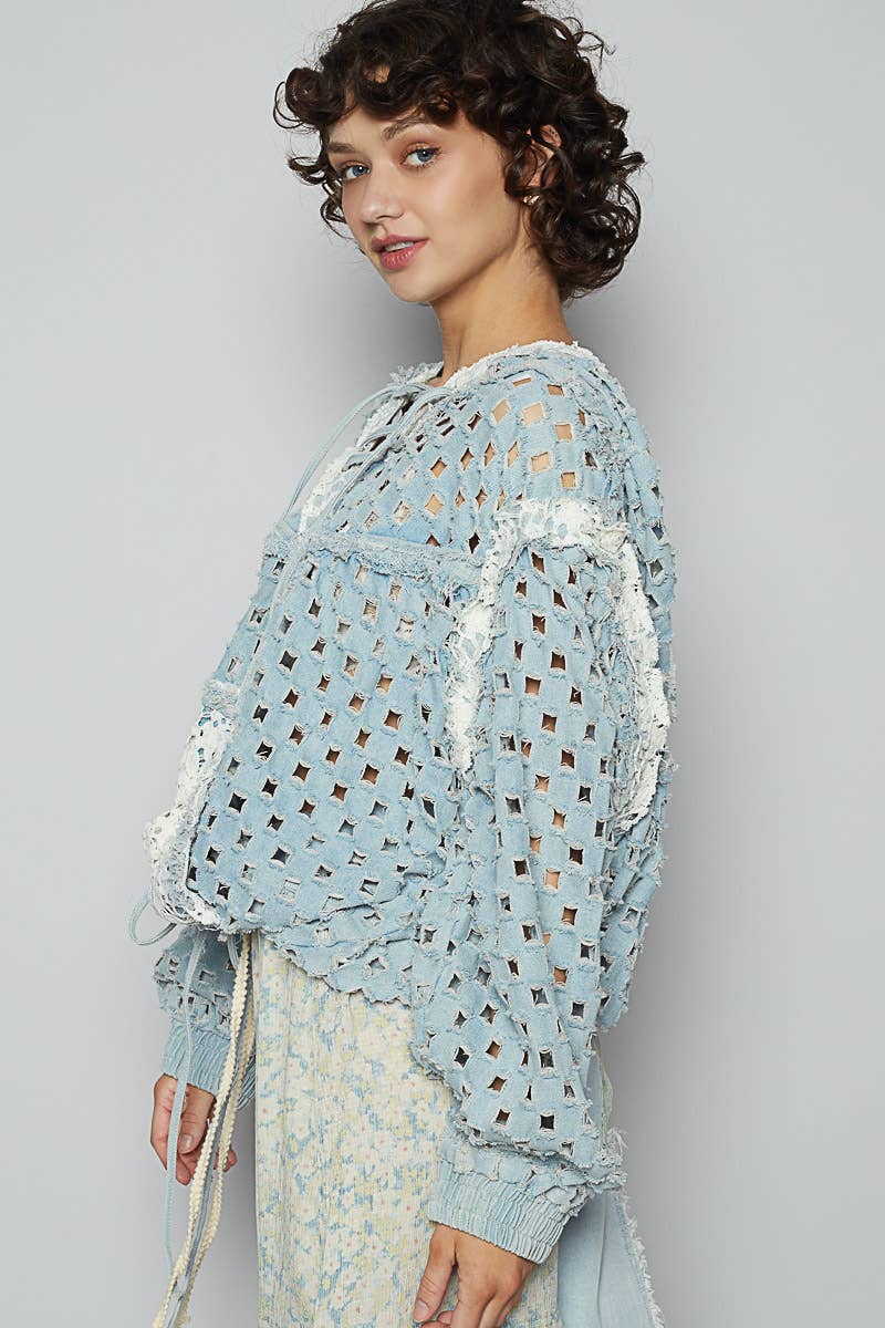 Long sleeve contrast lace crochet hooded top