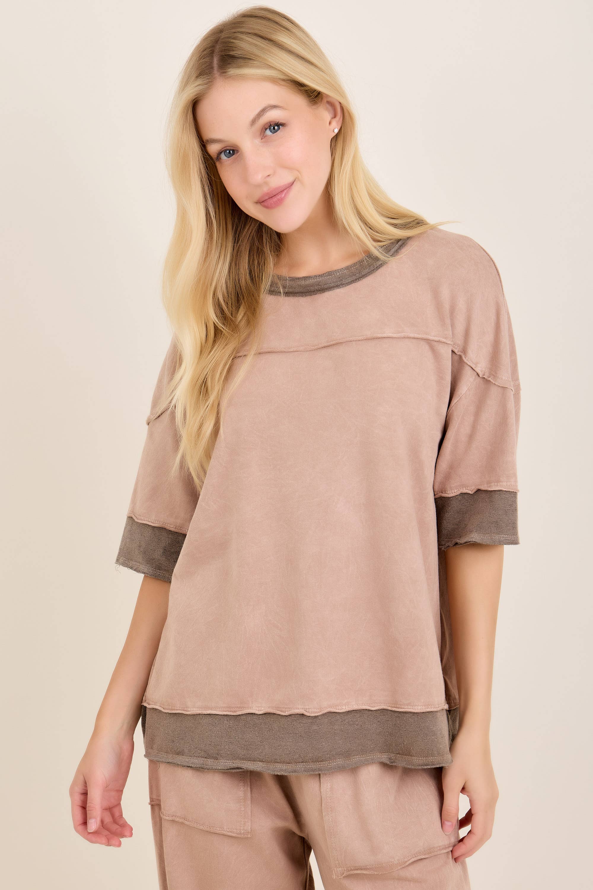 Mineral Washed Contrast Block Terry Top