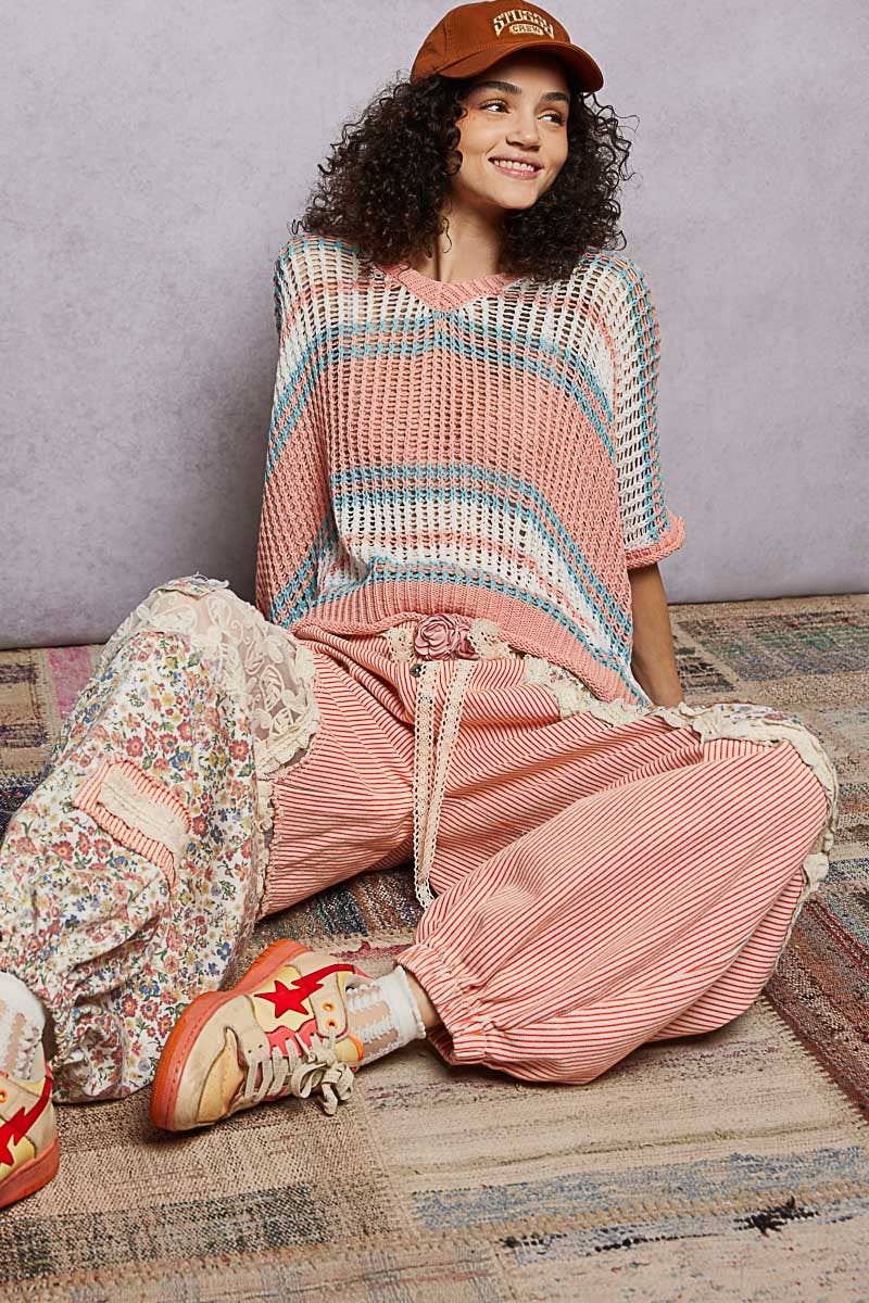 Short Sleeve V-neck Striped Thin Sweater Knit Top